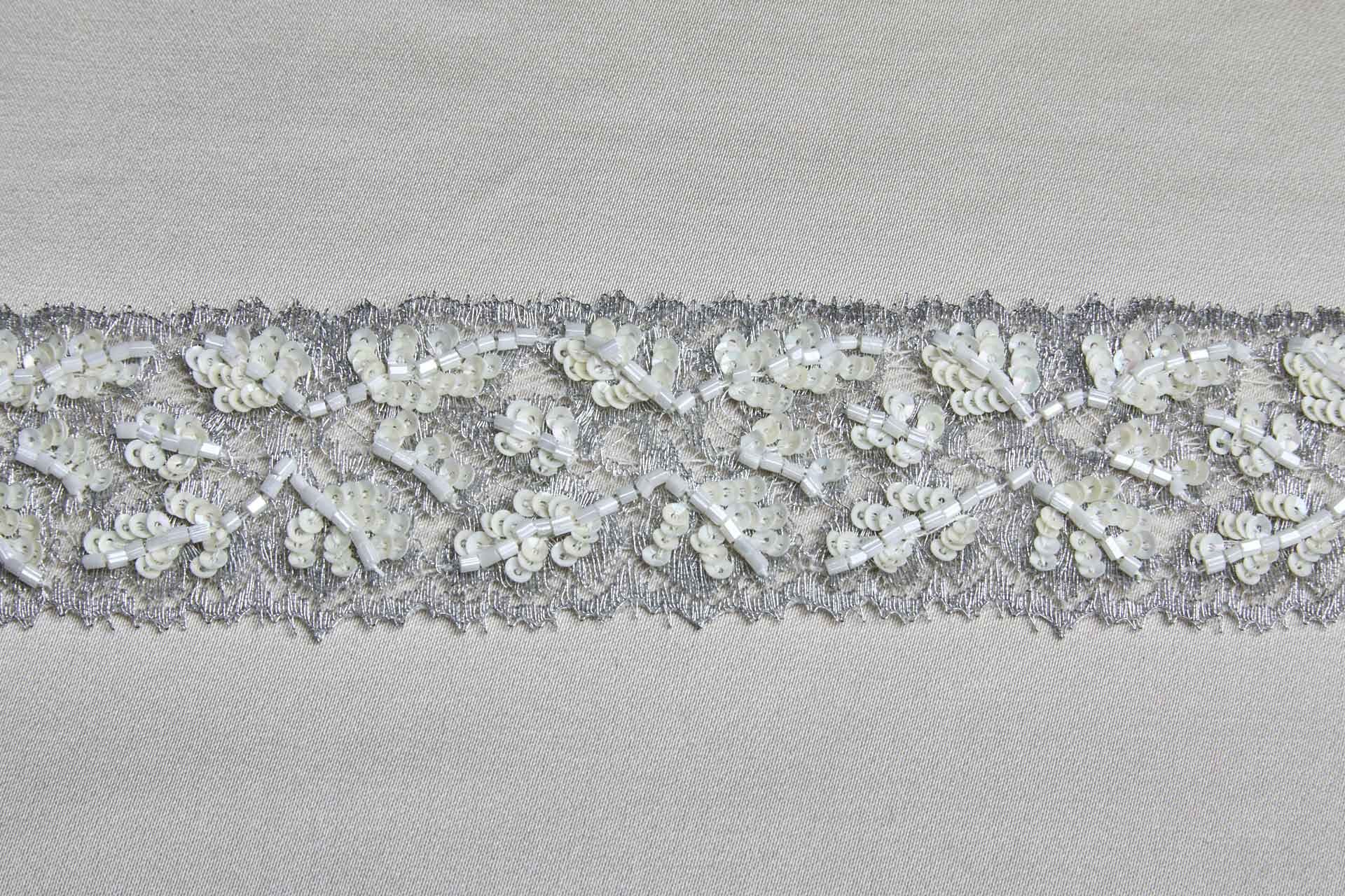 Beaded and Sequinned Lace Trim - Silver / Cream, image 4 of 6