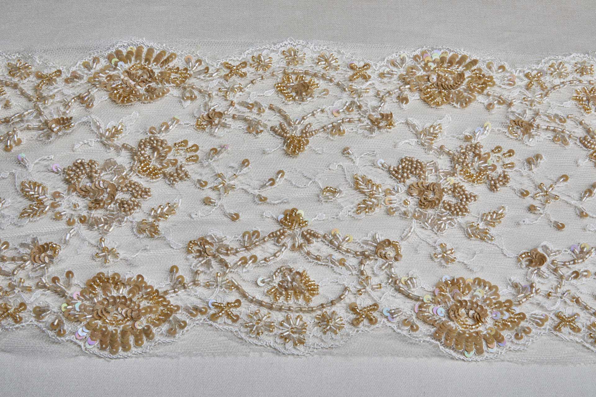 Double Scalloped Lace Trim in Ivory Beaded and Sequinned in Tan, image 8 of 8