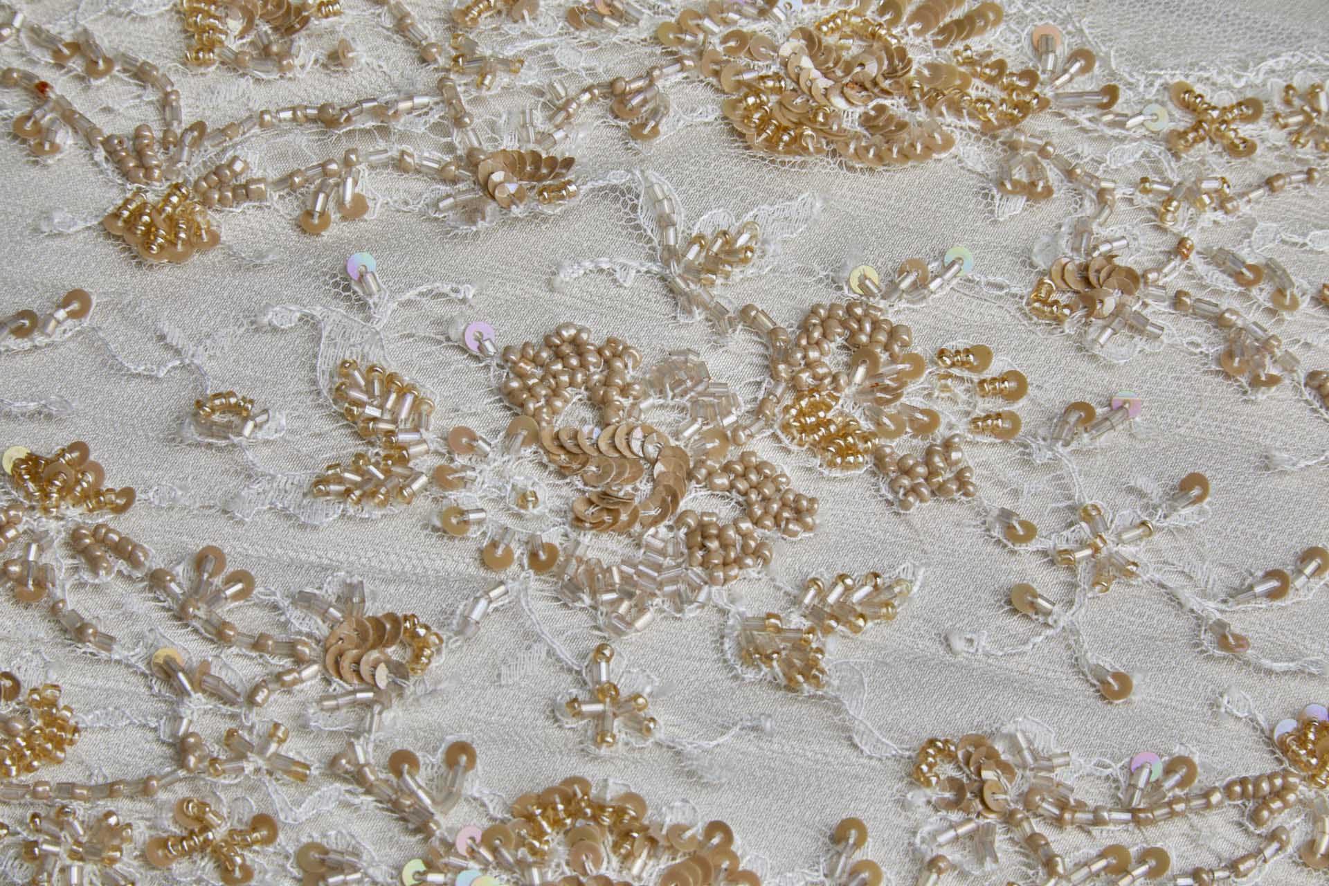 Double Scalloped Lace Trim in Ivory Beaded and Sequinned in Tan, image 2 of 8