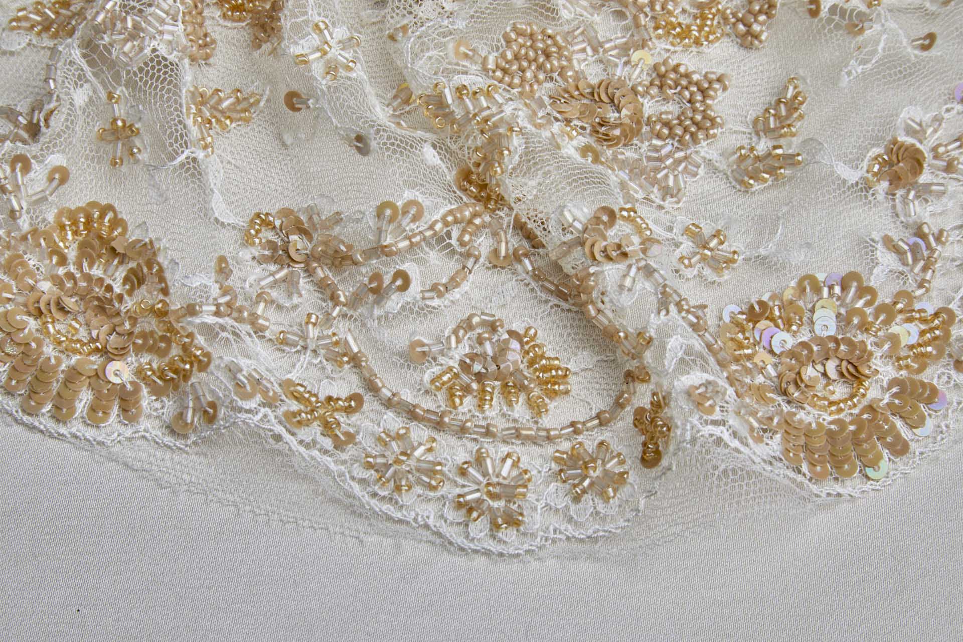 Double Scalloped Lace Trim in Ivory Beaded and Sequinned in Tan, image 3 of 8