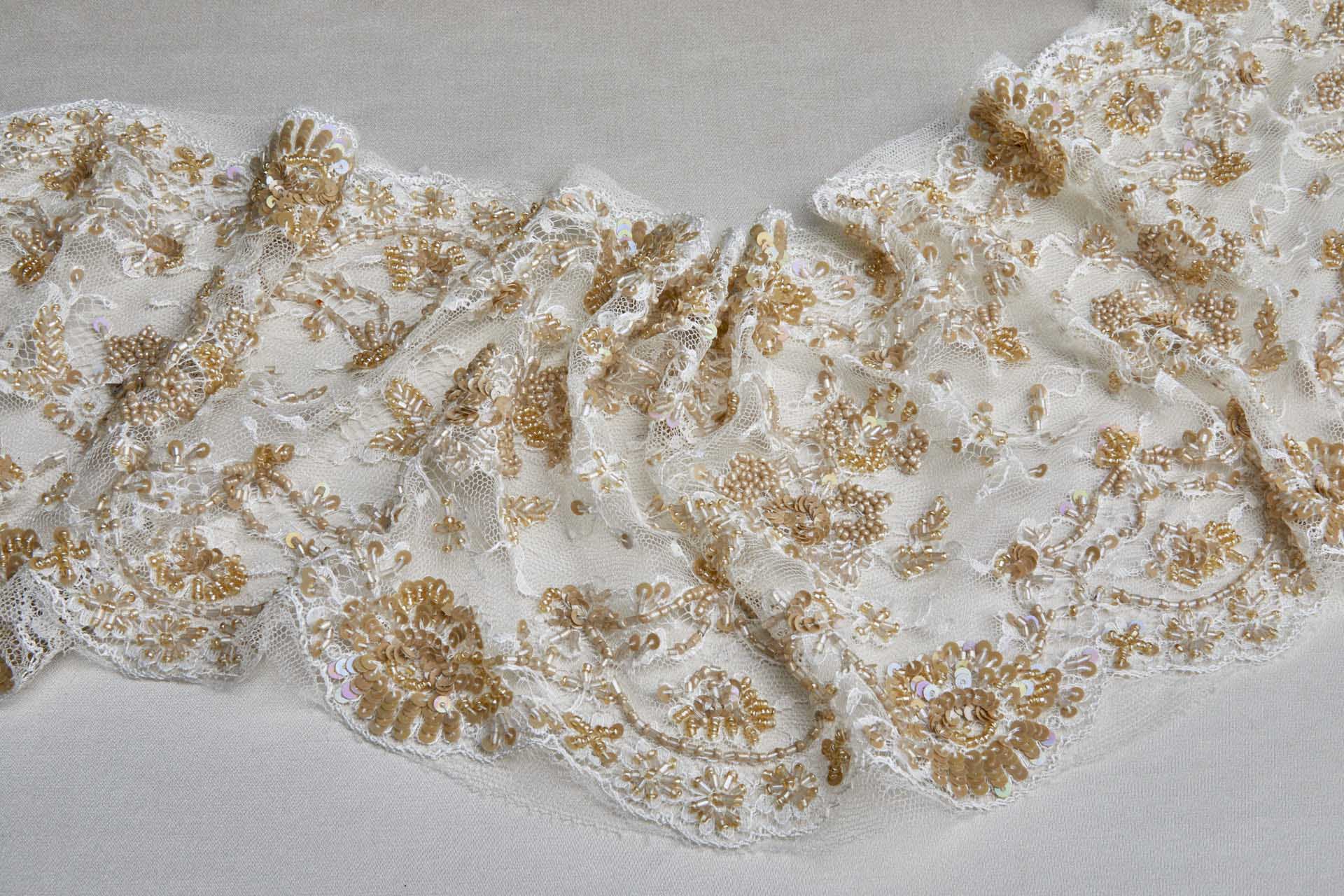 Double Scalloped Lace Trim in Ivory Beaded and Sequinned in Tan, image 4 of 8