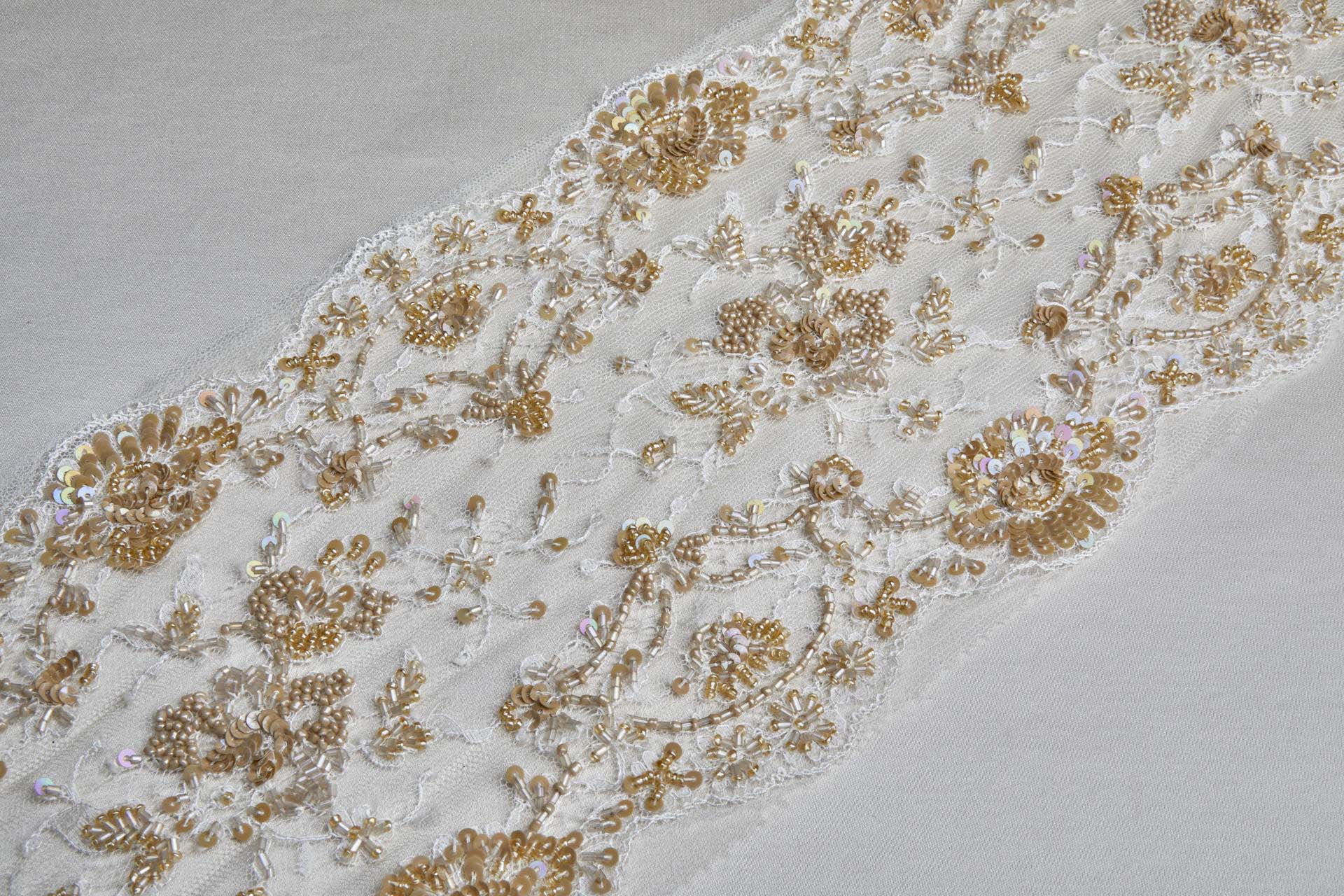 Double Scalloped Lace Trim in Ivory Beaded and Sequinned in Tan