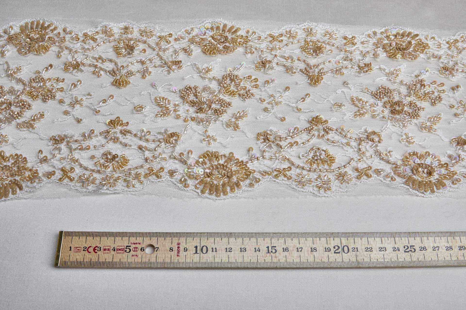 Double Scalloped Lace Trim in Ivory Beaded and Sequinned in Tan, image 5 of 8
