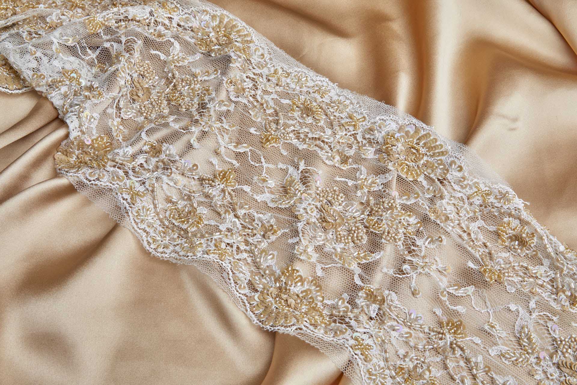 Double Scalloped Lace Trim in Ivory Beaded and Sequinned in Tan, image 6 of 8