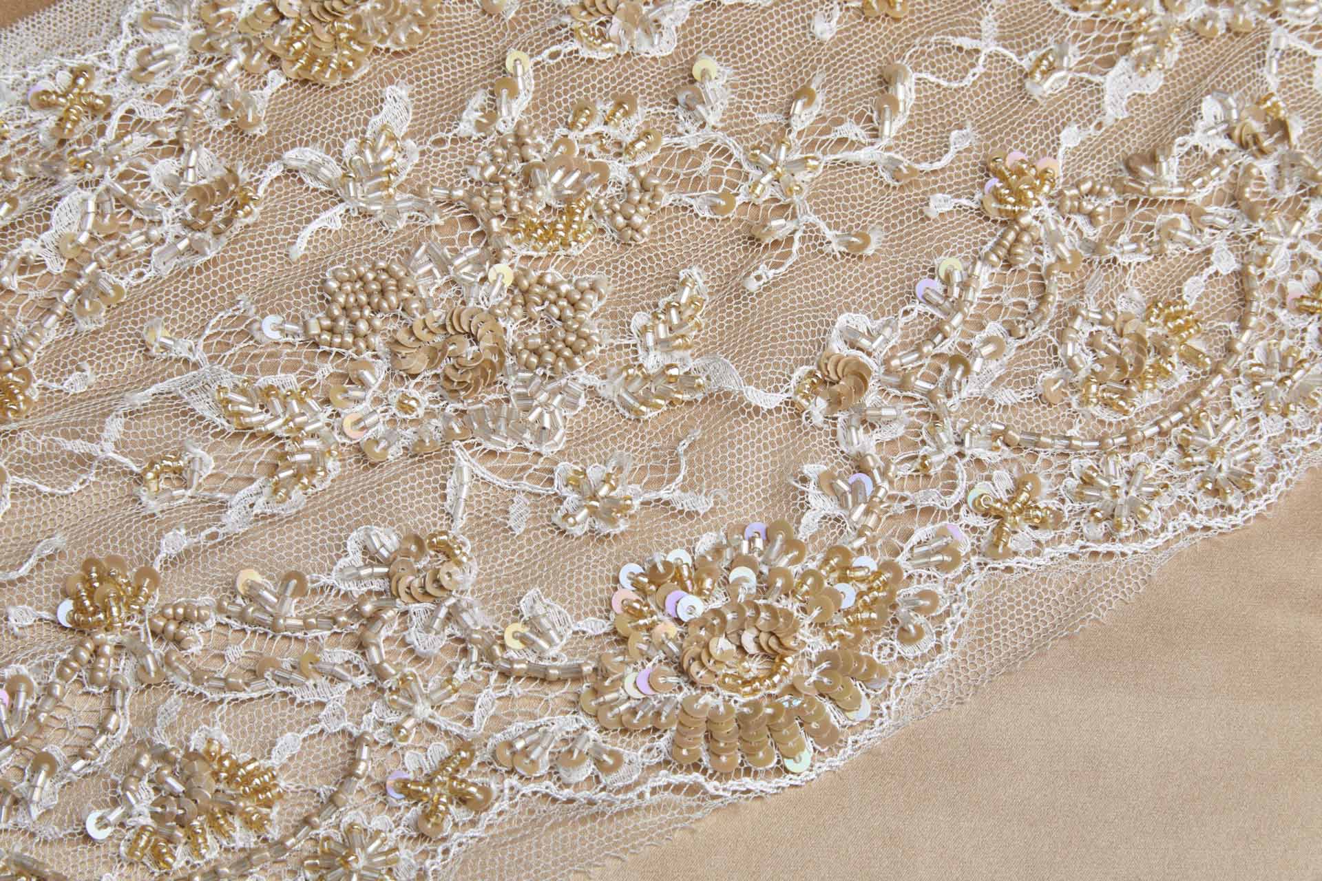 Double Scalloped Lace Trim in Ivory Beaded and Sequinned in Tan, image 7 of 8