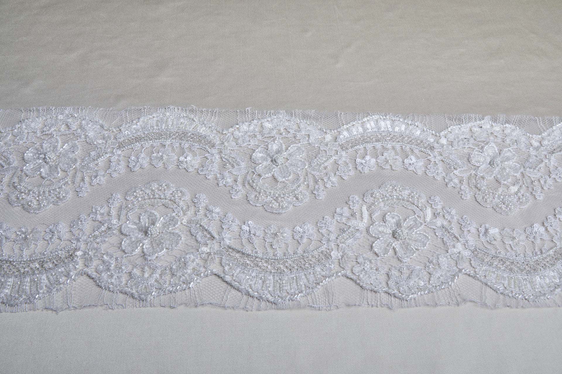 Double Scalloped Beaded and Sequinned Leavers Lace Trim in Ivory, image 5 of 5
