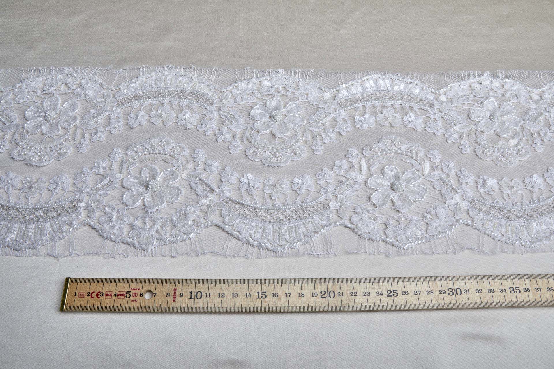 Double Scalloped Beaded and Sequinned Leavers Lace Trim in Ivory, image 2 of 5