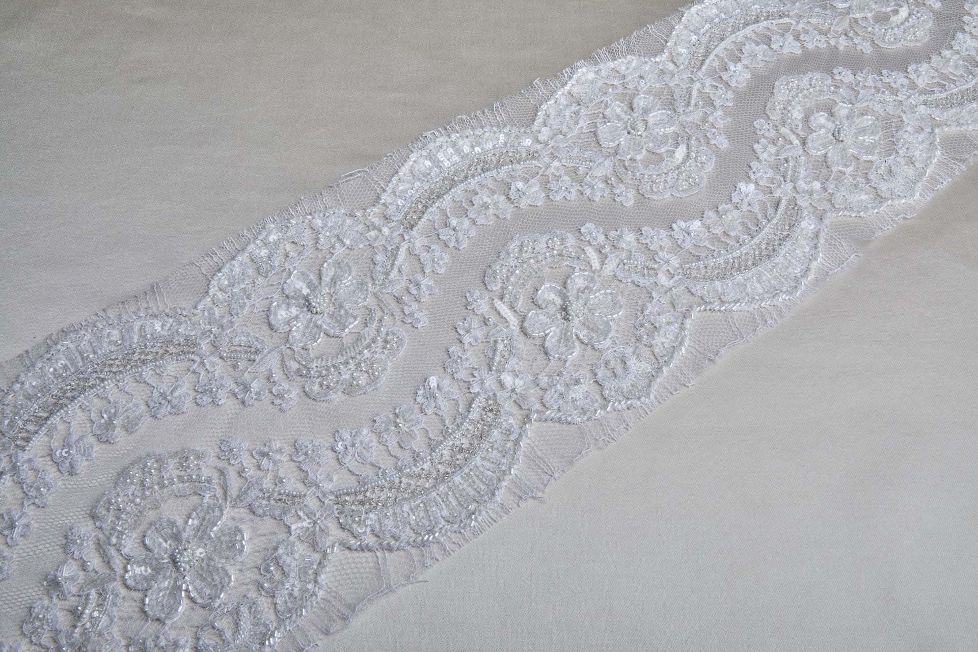 Double Scalloped Beaded and Sequinned Leavers Lace Trim in Ivory