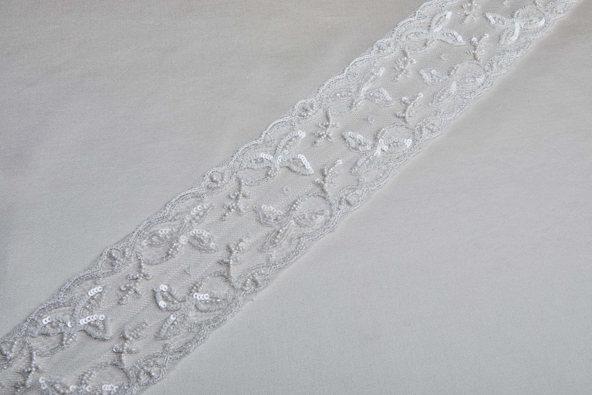 Beaded and Sequinned Delicate Tulle Trim - Ivory, image 3 of 8