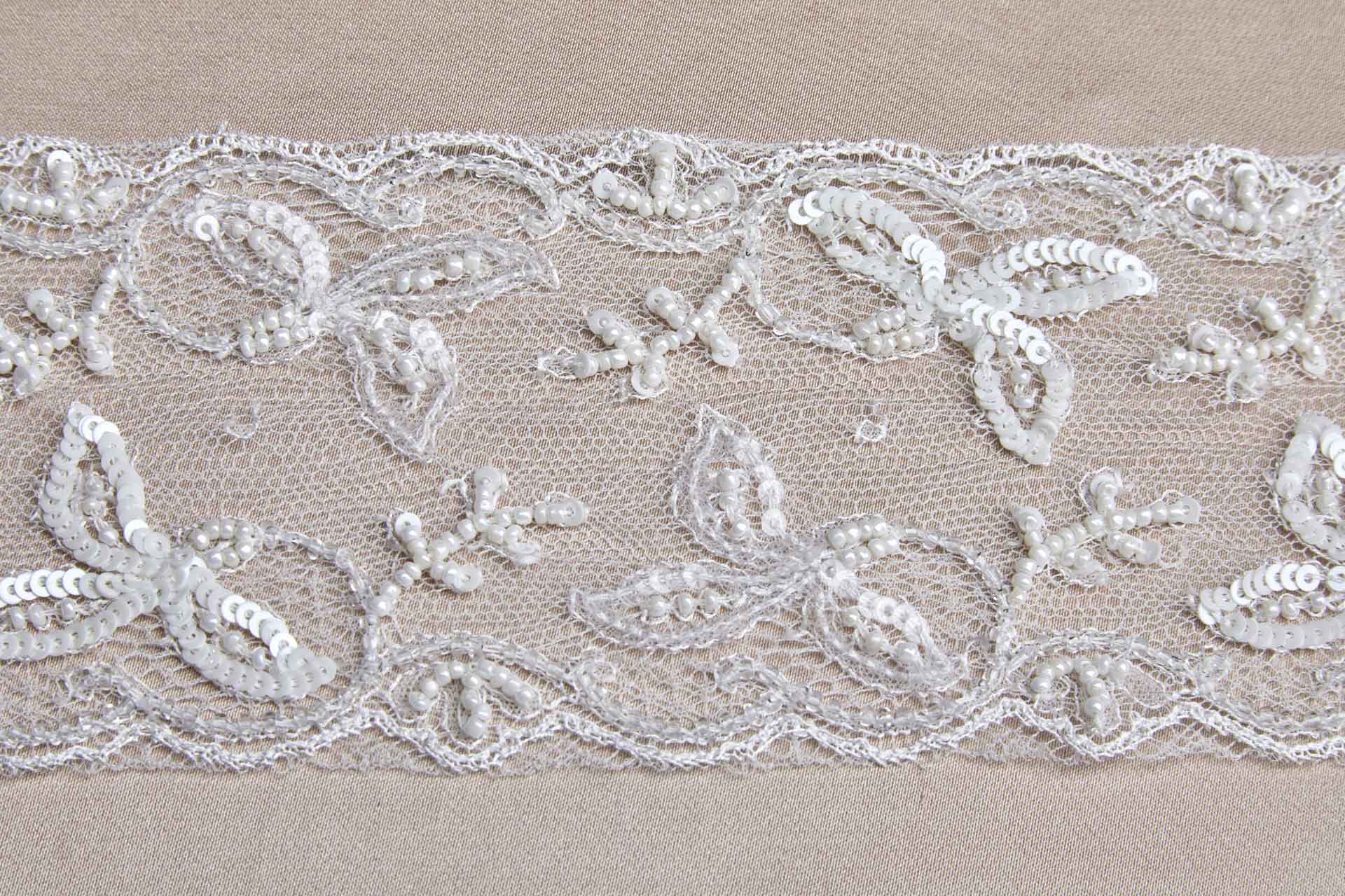 Beaded and Sequinned Delicate Tulle Trim - Ivory, image 6 of 8