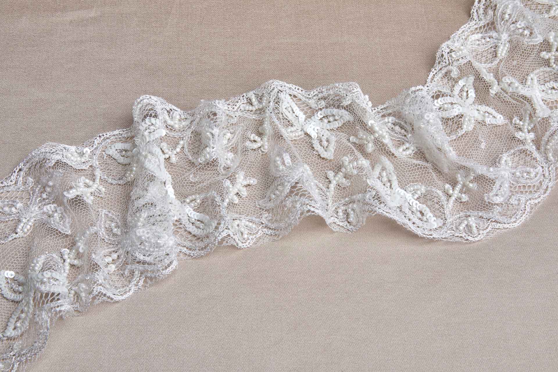 Beaded and Sequinned Delicate Tulle Trim - Ivory, image 7 of 8