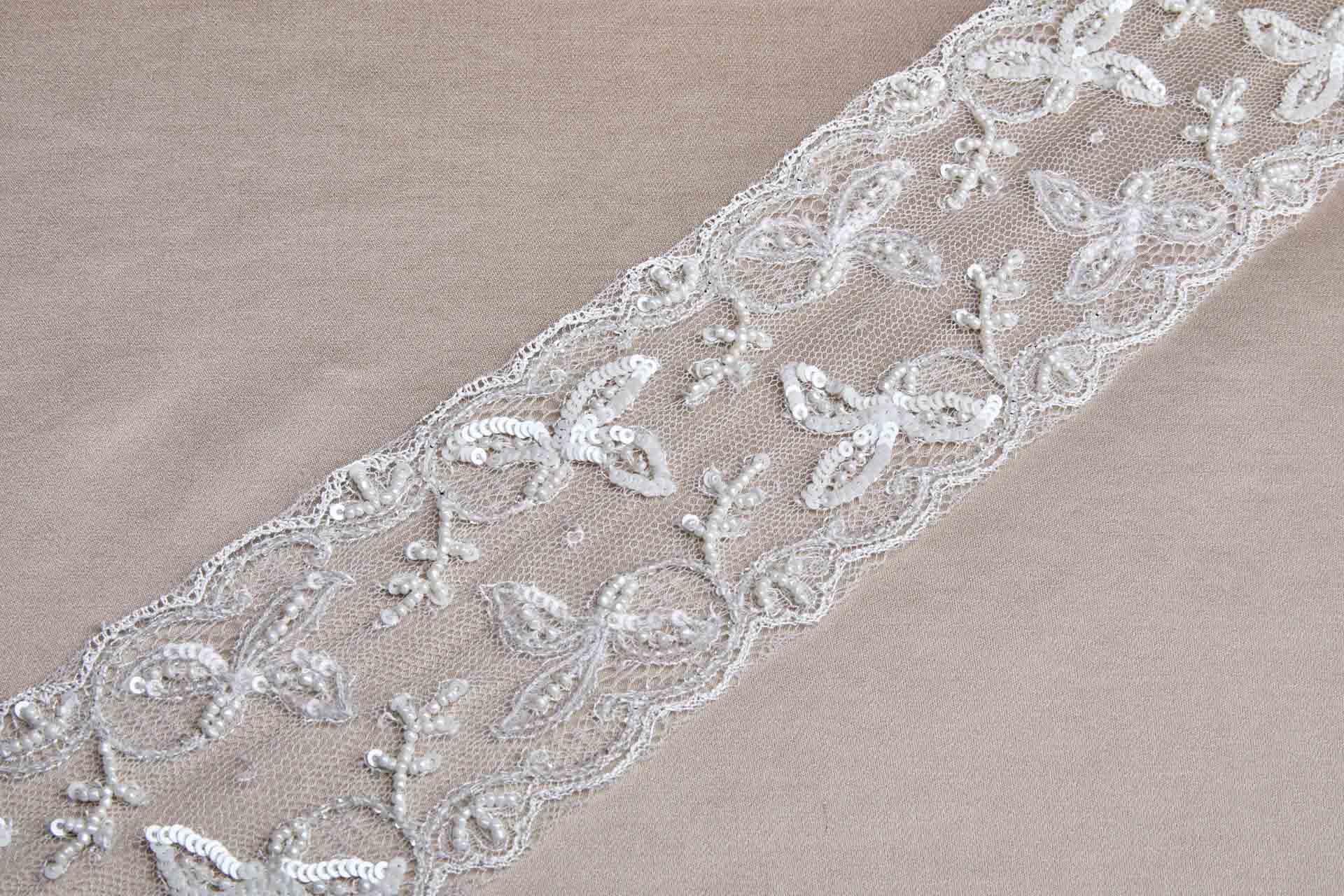 Beaded and Sequinned Delicate Tulle Trim - Ivory