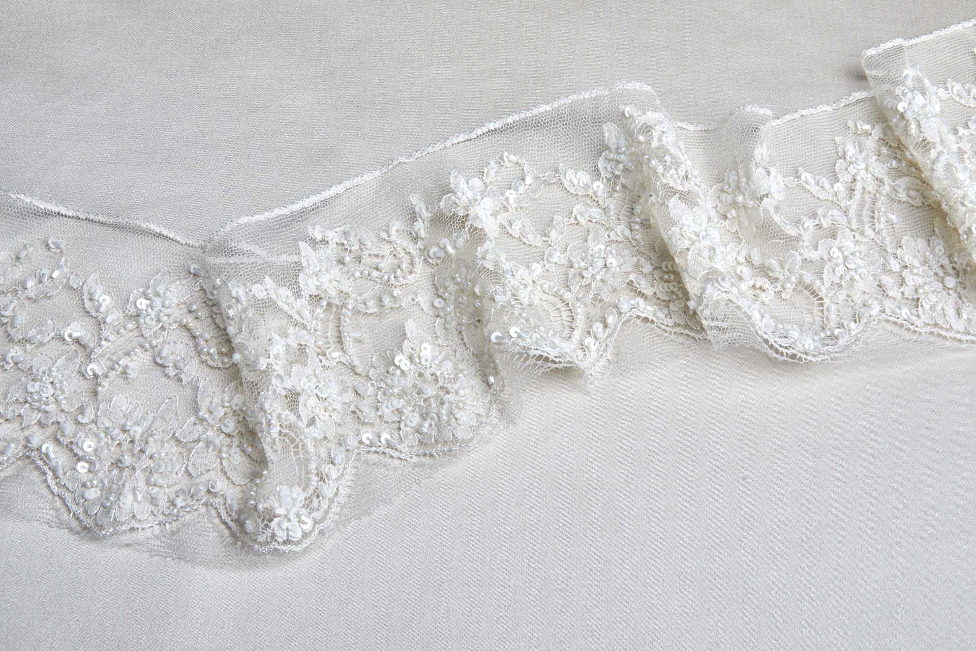 Vintage Beaded and Sequinned Embroidered Silk Tulle Trim - Ivory, image 2 of 5