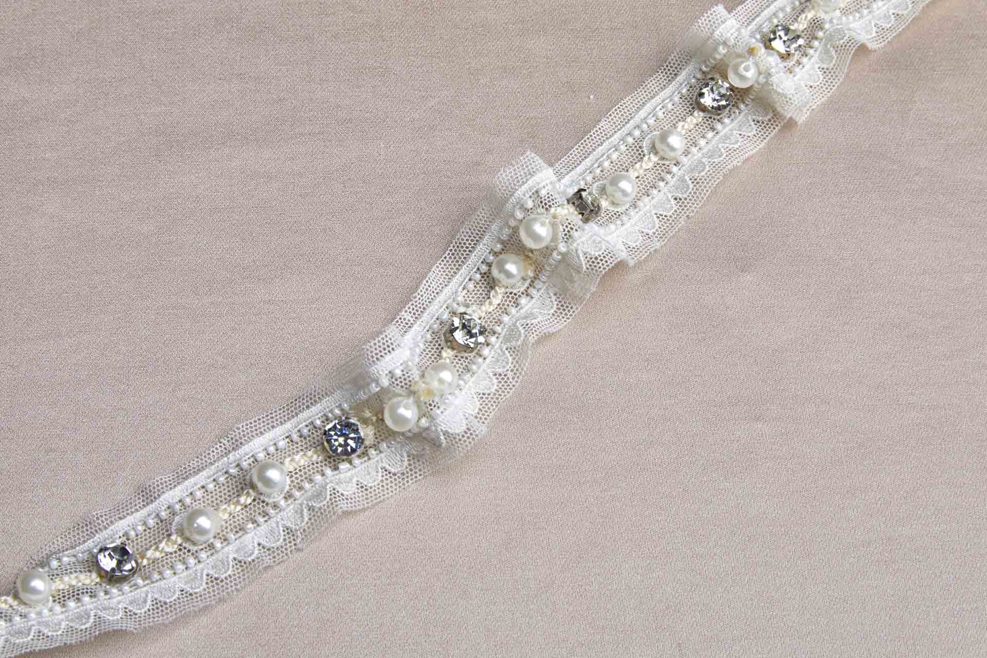 Lace Trim - Off White and Cream with Crystals and Pearls, image 3 of 4