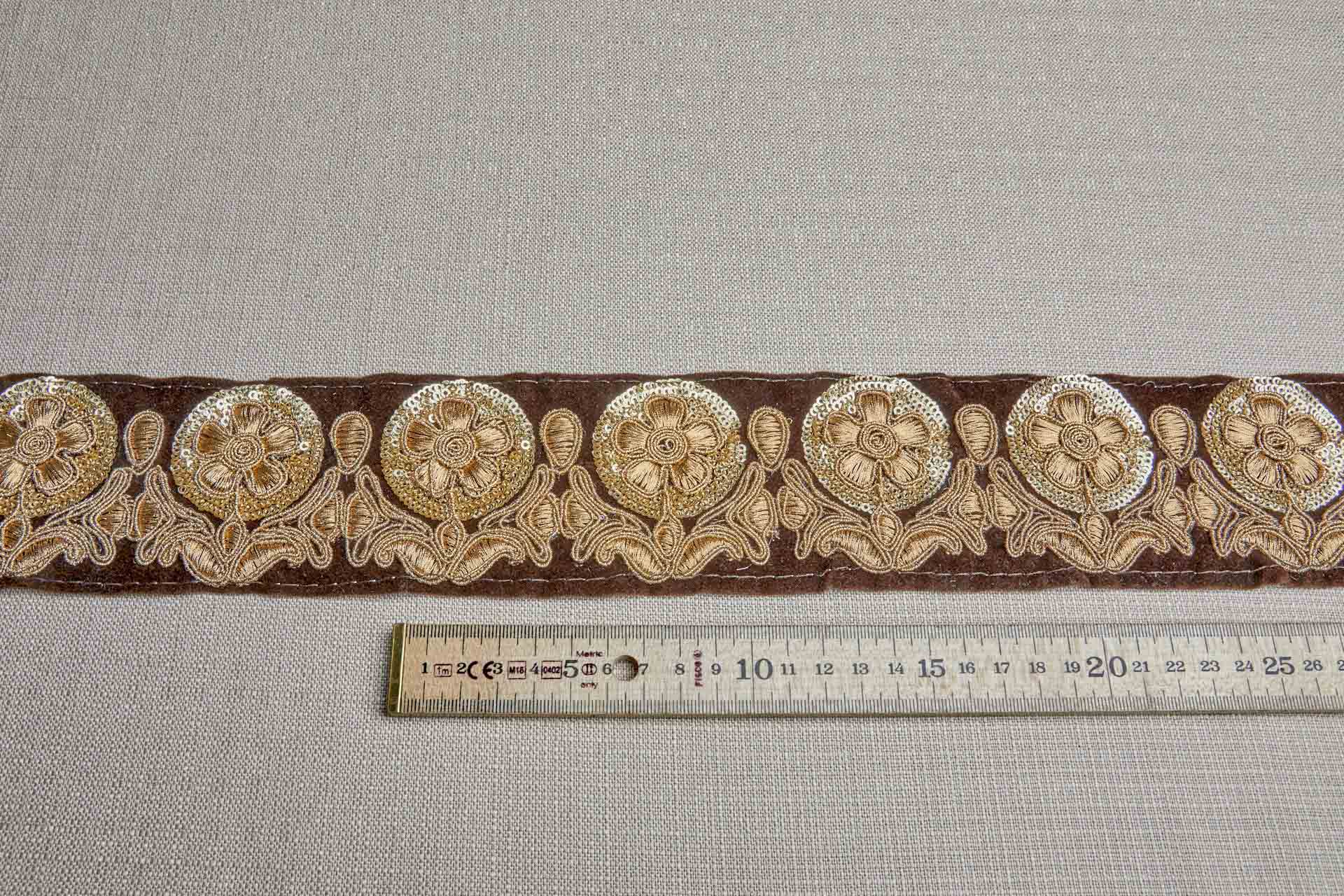 Flower Embroidery Trim - Gold on Brown Velvet, image 2 of 6