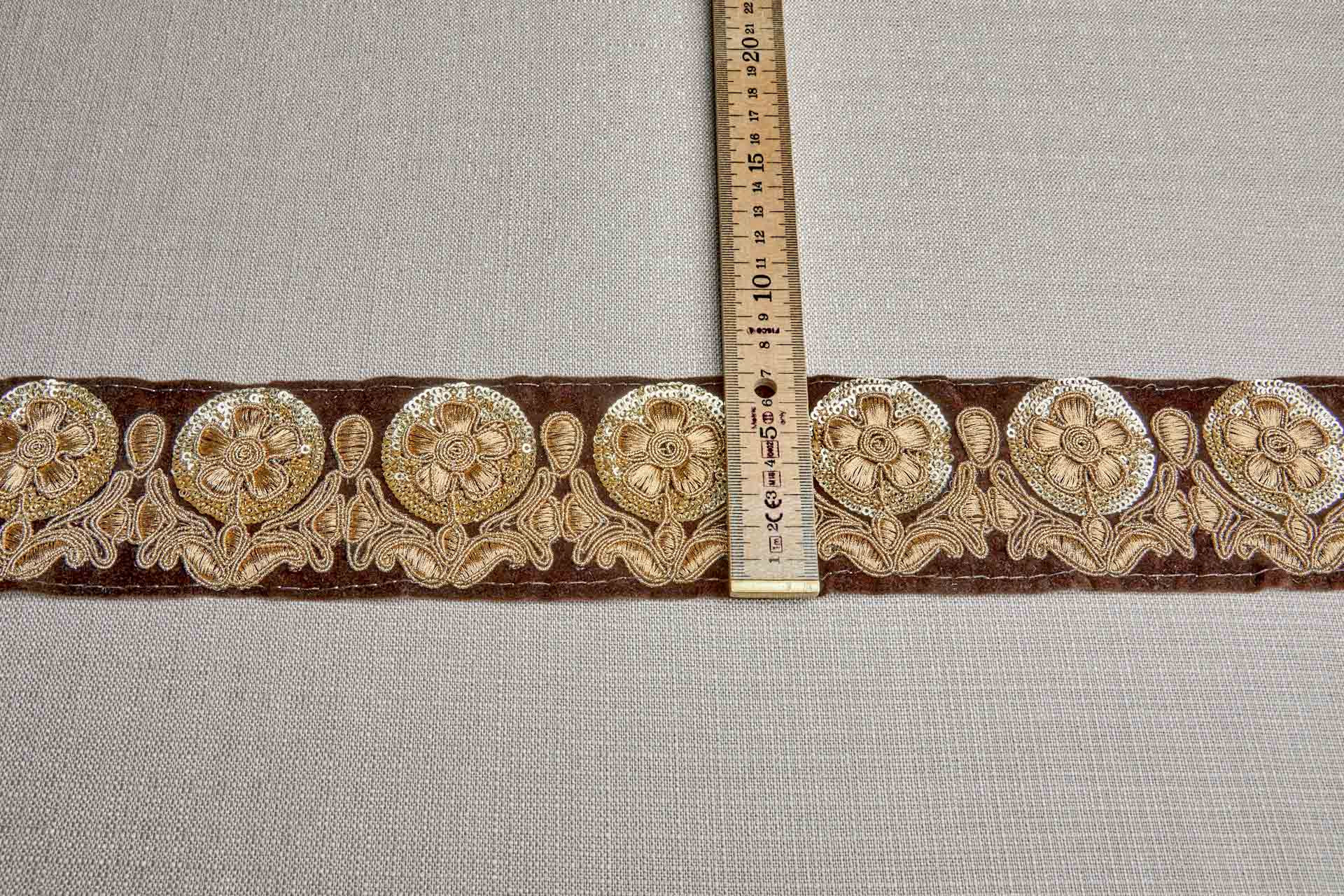 Flower Embroidery Trim - Gold on Brown Velvet, image 3 of 6