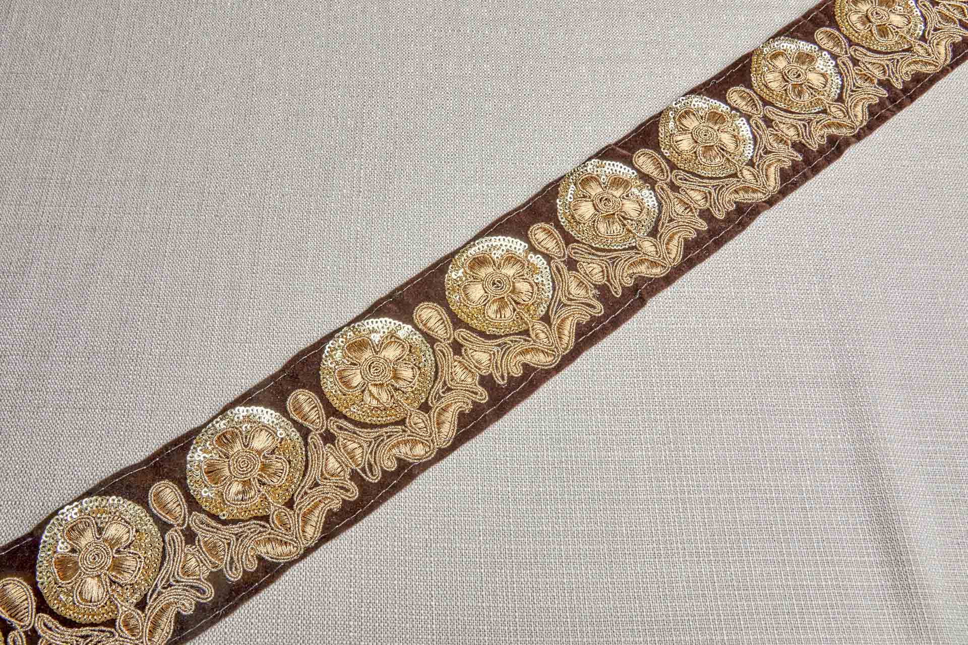 Flower Embroidery Trim - Gold on Brown Velvet, image 4 of 6