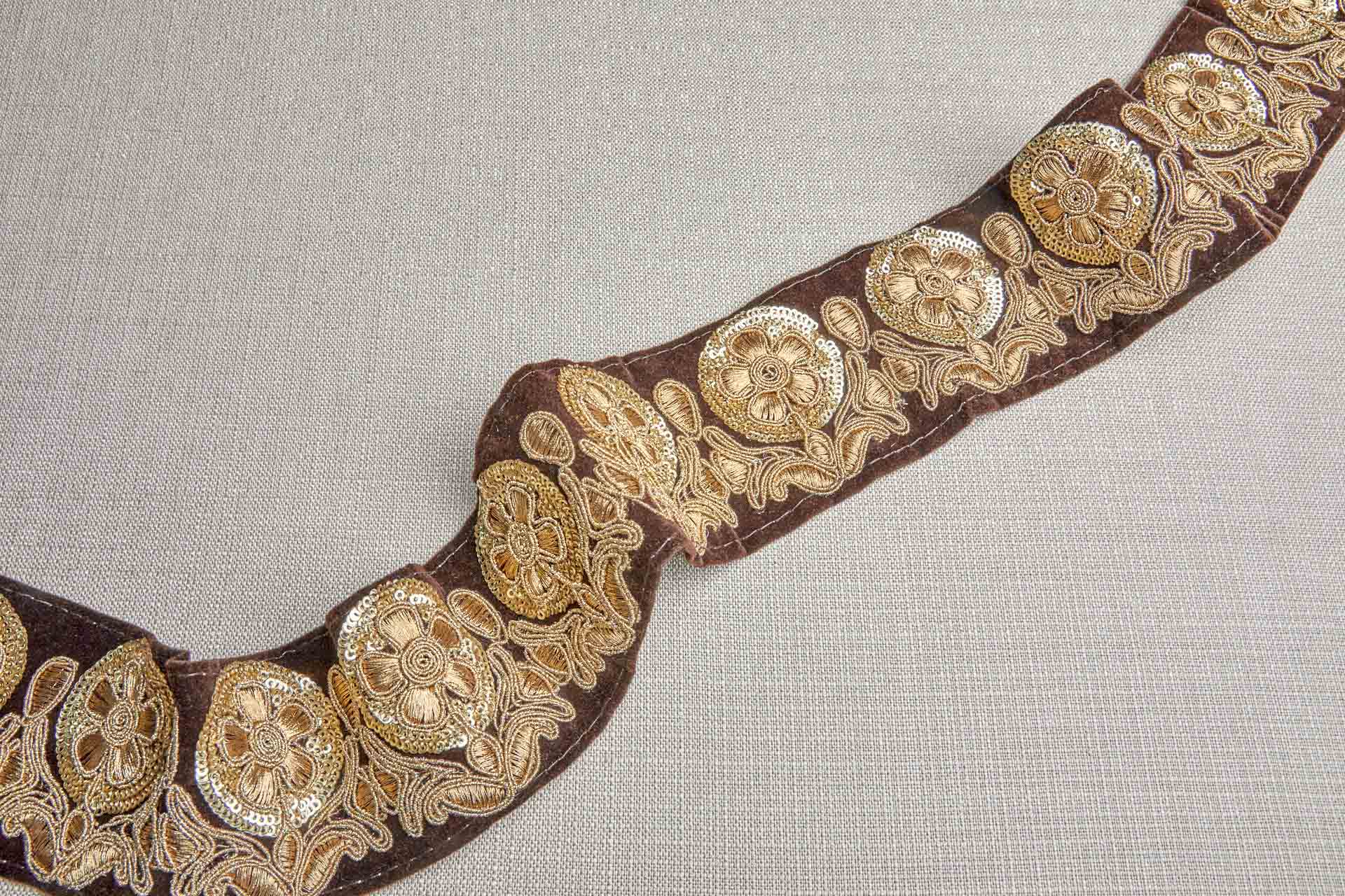Flower Embroidery Trim - Gold on Brown Velvet, image 5 of 6
