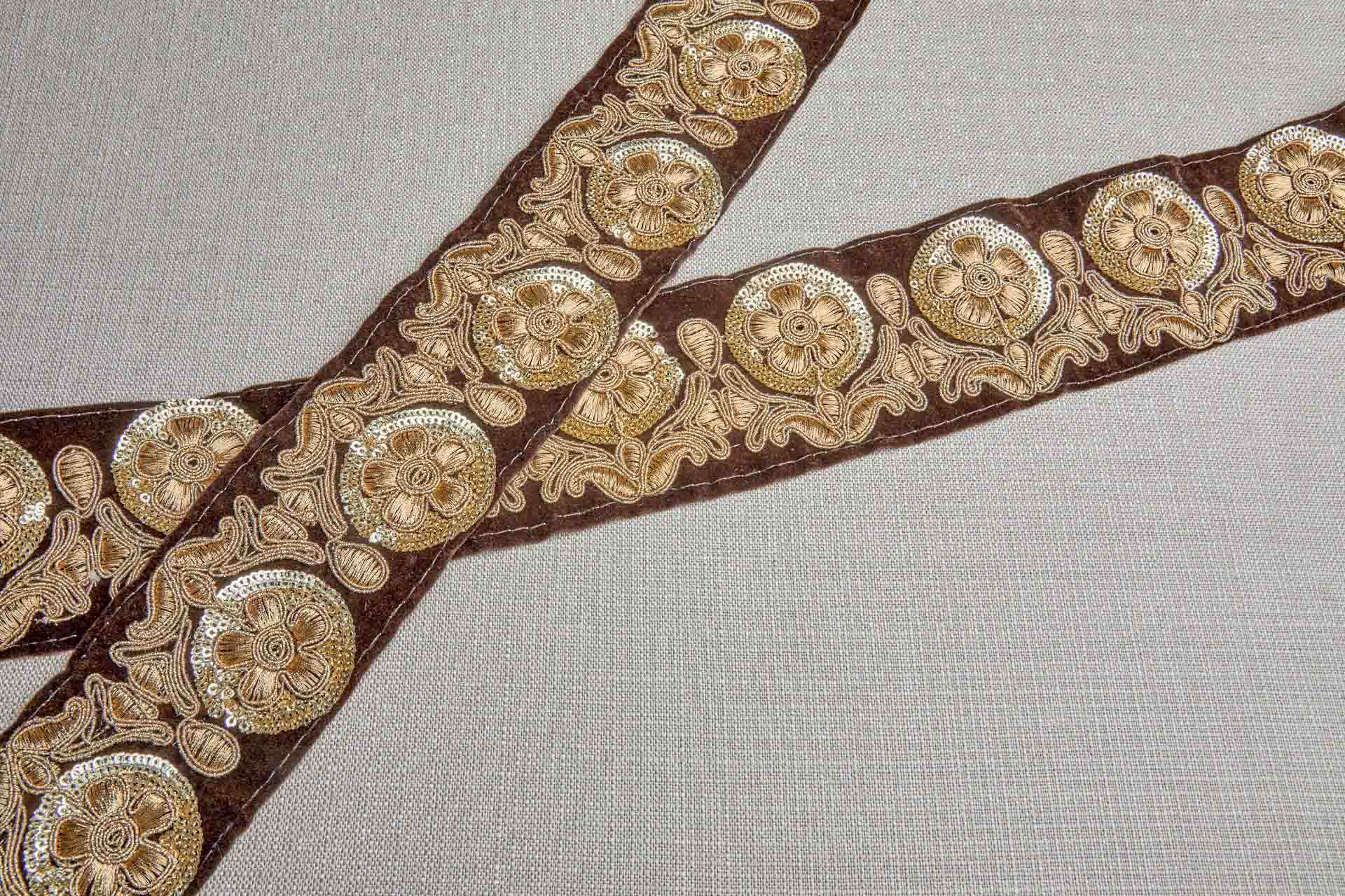 Flower Embroidery Trim - Gold on Brown Velvet
