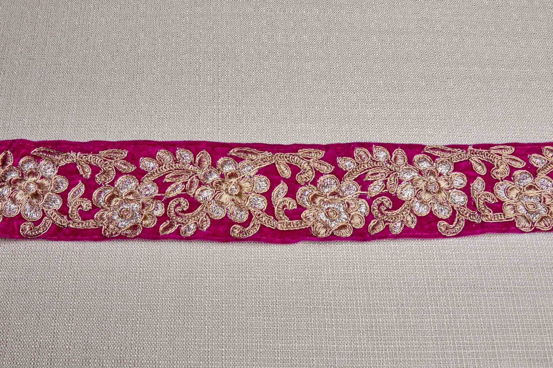Flower Embroidery Trim - Gold and Pale Gold on Pink Velvet, image 7 of 7