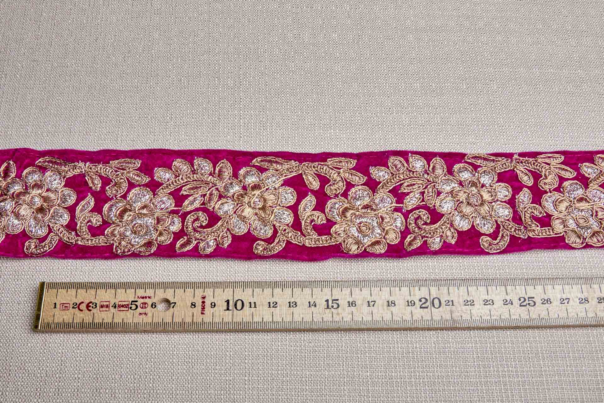 Flower Embroidery Trim - Gold and Pale Gold on Pink Velvet, image 2 of 7