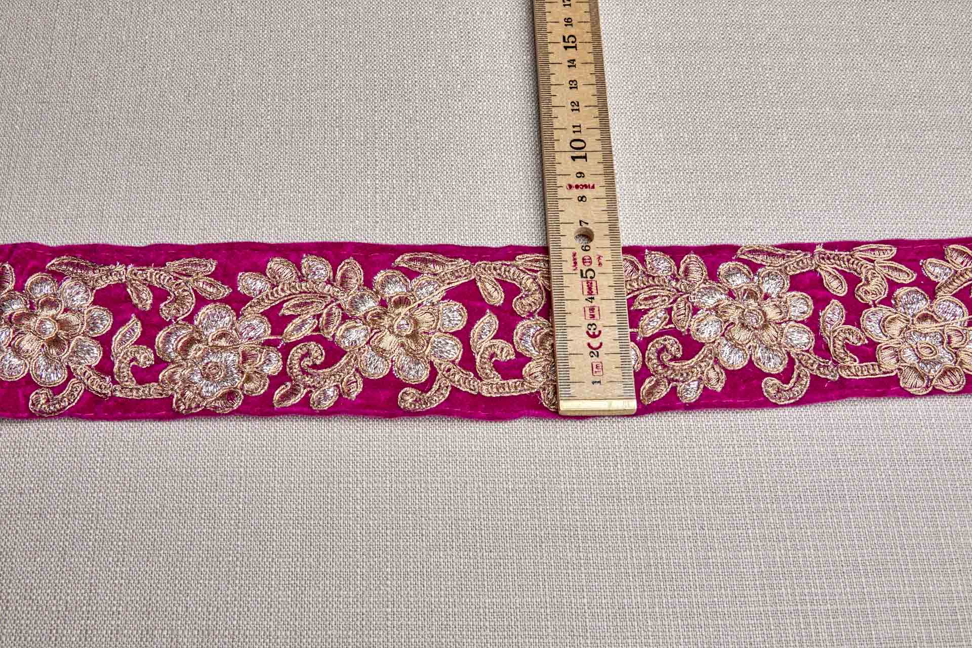 Flower Embroidery Trim - Gold and Pale Gold on Pink Velvet, image 3 of 7