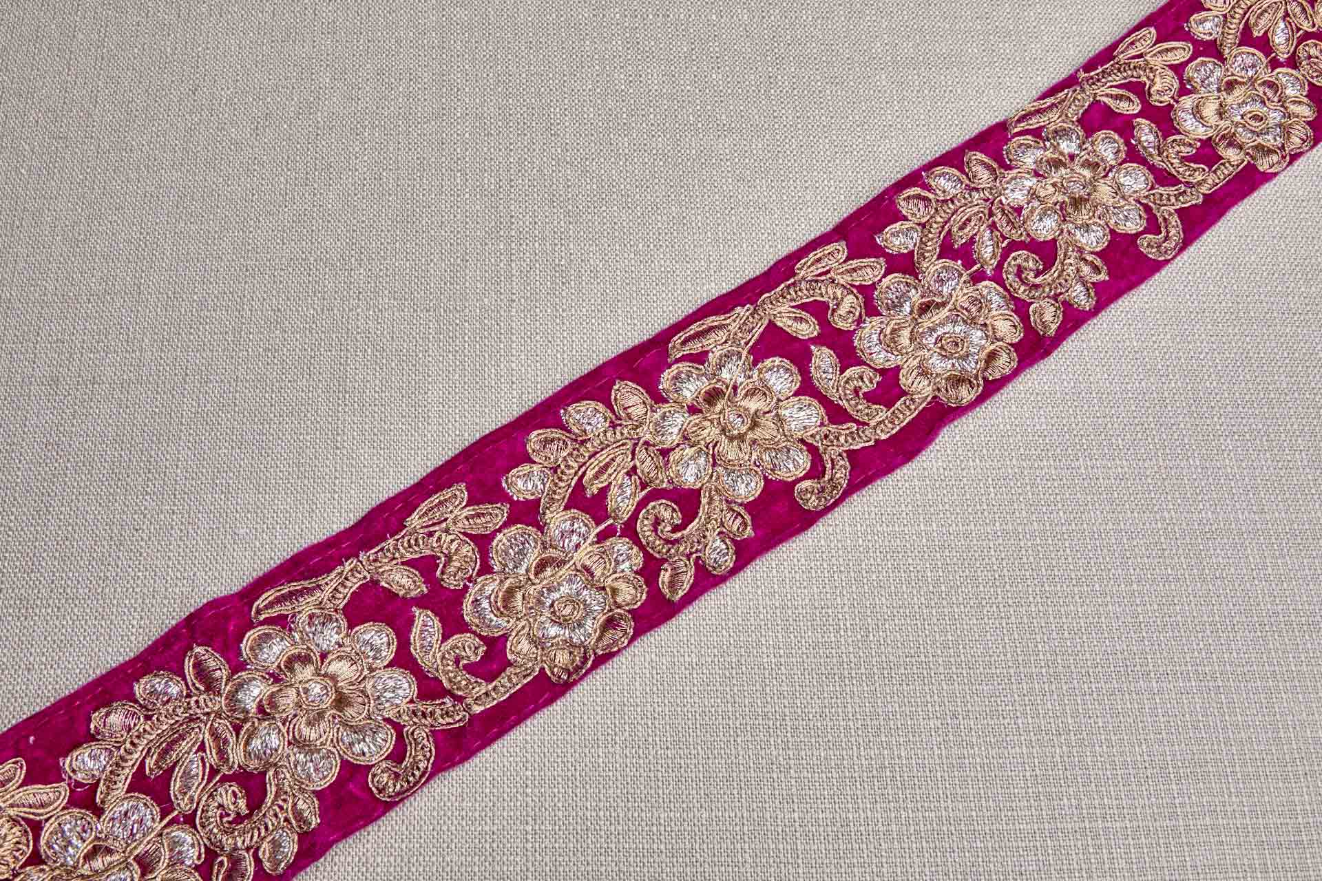 Flower Embroidery Trim - Gold and Pale Gold on Pink Velvet, image 4 of 7