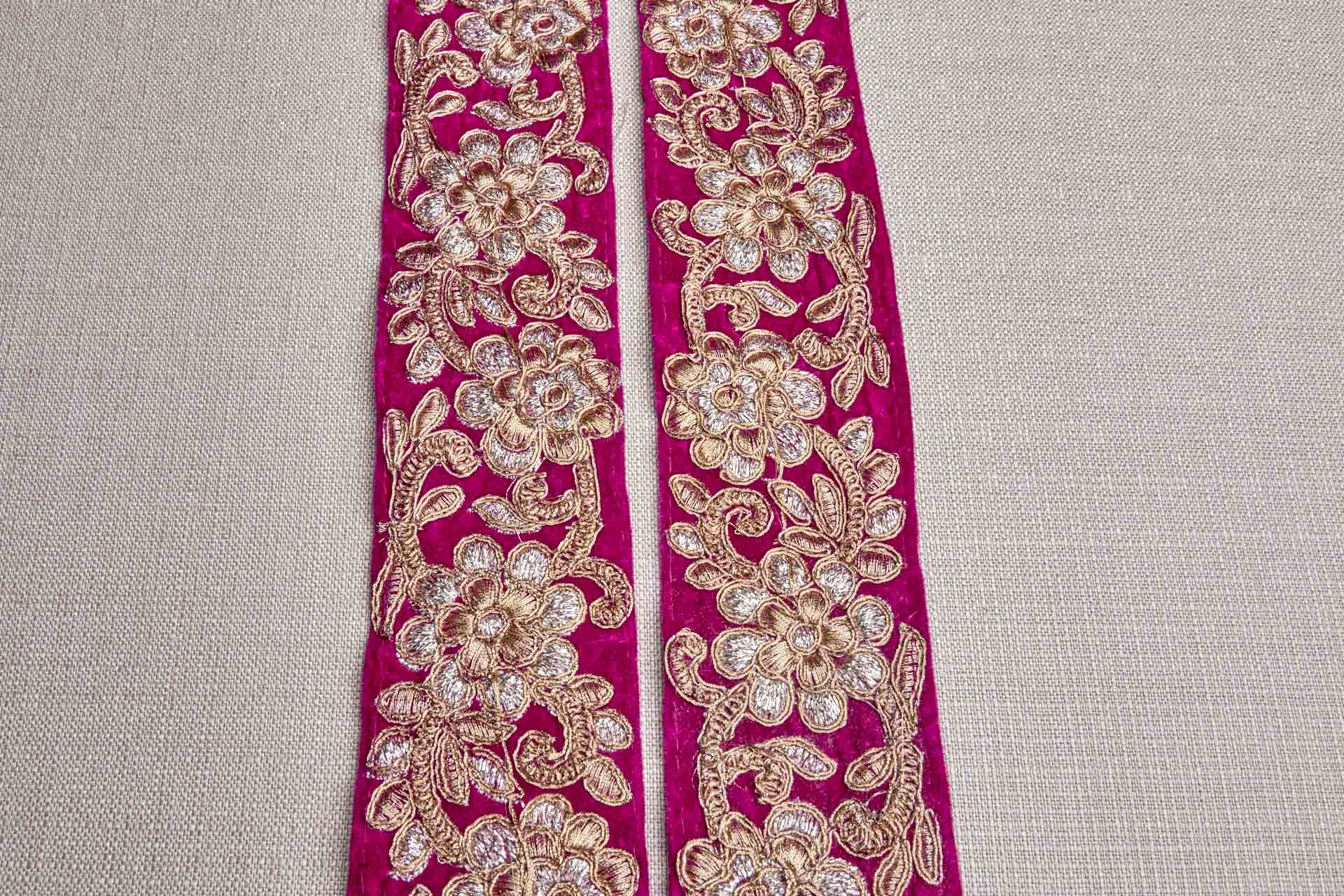 Flower Embroidery Trim - Gold and Pale Gold on Pink Velvet, image 5 of 7