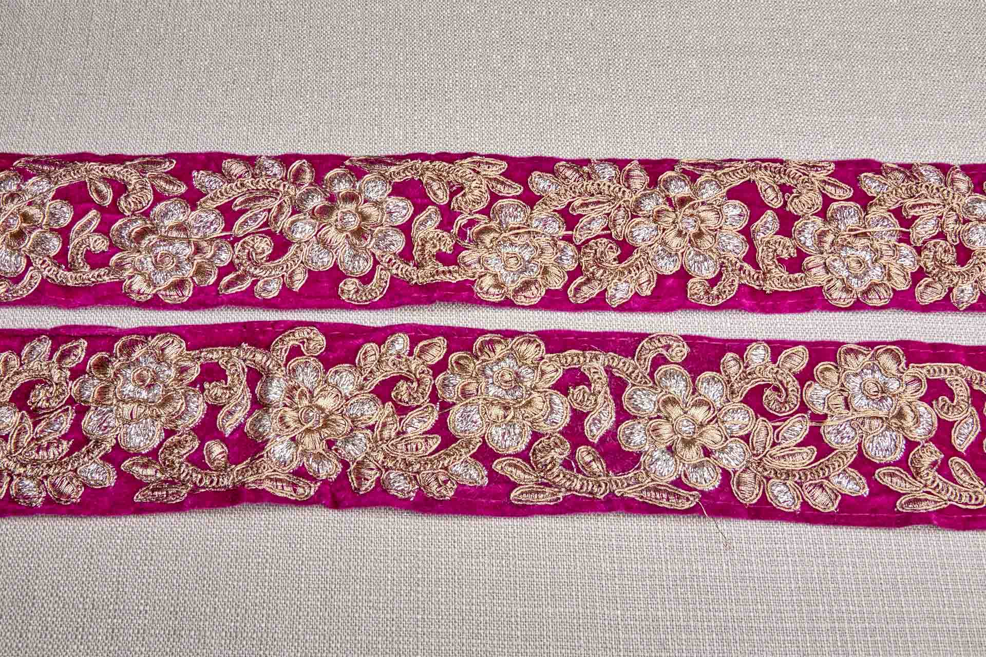 Flower Embroidery Trim - Gold and Pale Gold on Pink Velvet, image 6 of 7
