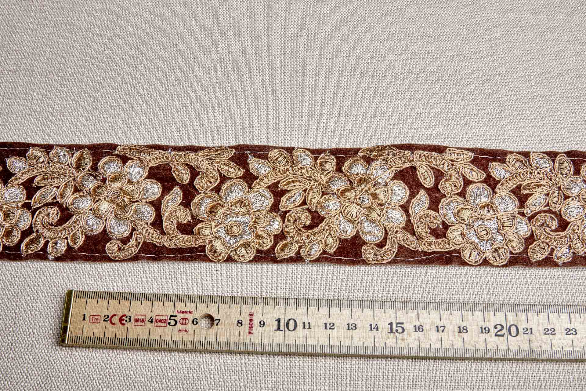 Flower Embroidery Trim - Gold and Pale Gold on Brown Velvet, image 2 of 7