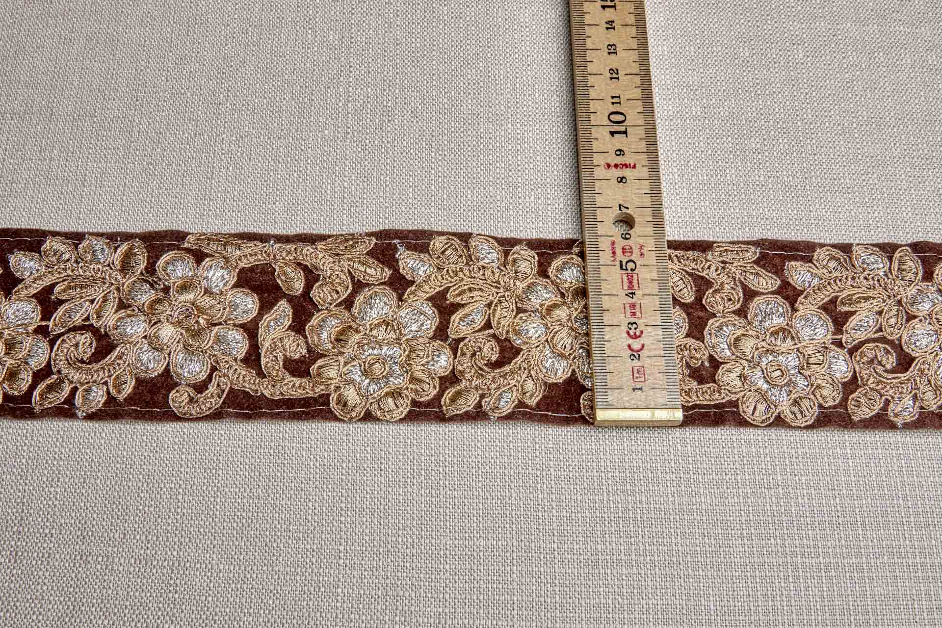 Flower Embroidery Trim - Gold and Pale Gold on Brown Velvet, image 3 of 7