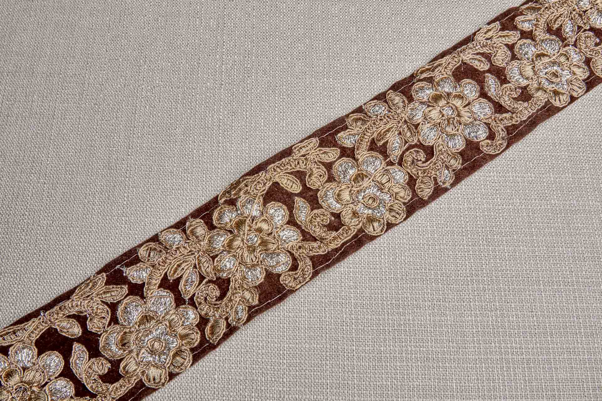 Flower Embroidery Trim - Gold and Pale Gold on Brown Velvet, image 4 of 7