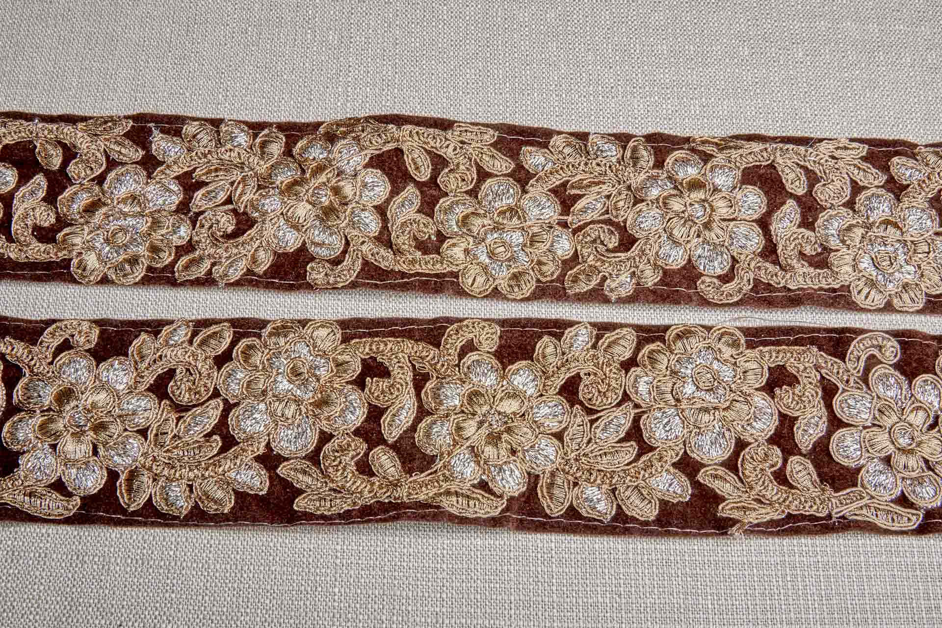 Flower Embroidery Trim - Gold and Pale Gold on Brown Velvet, image 5 of 7