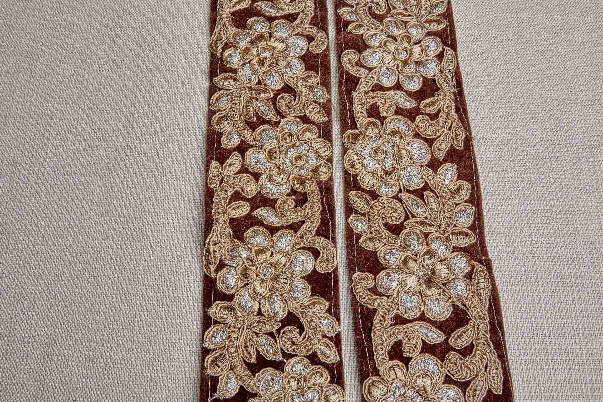 Flower Embroidery Trim - Gold and Pale Gold on Brown Velvet, image 6 of 7