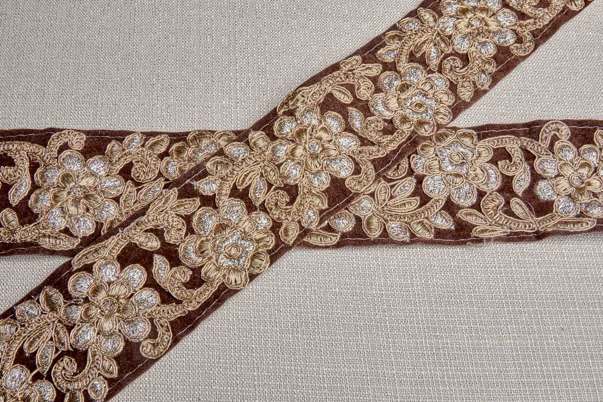 Flower Embroidery Trim - Gold and Pale Gold on Brown Velvet