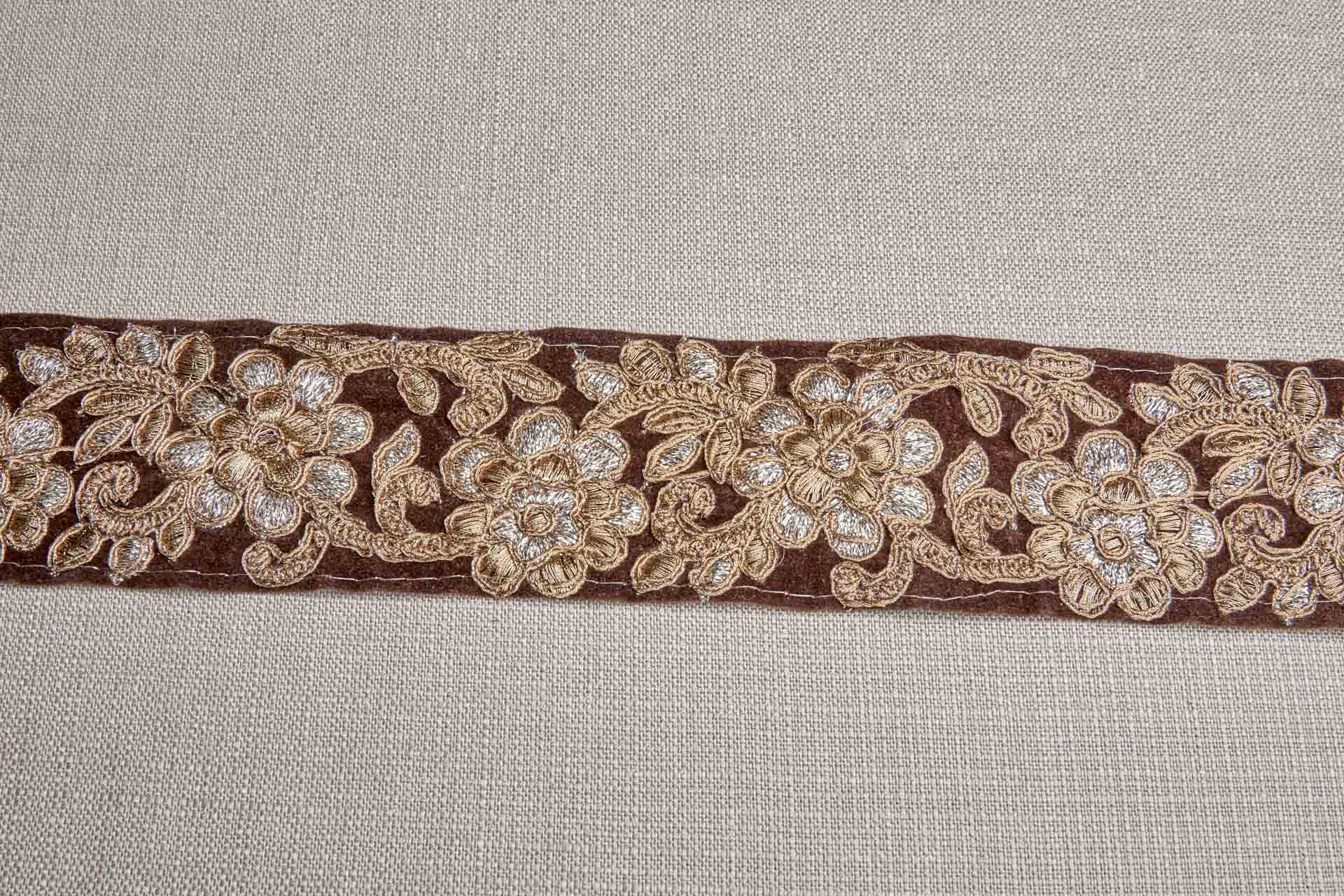 Flower Embroidery Trim - Gold and Pale Gold on Brown Velvet, image 7 of 7