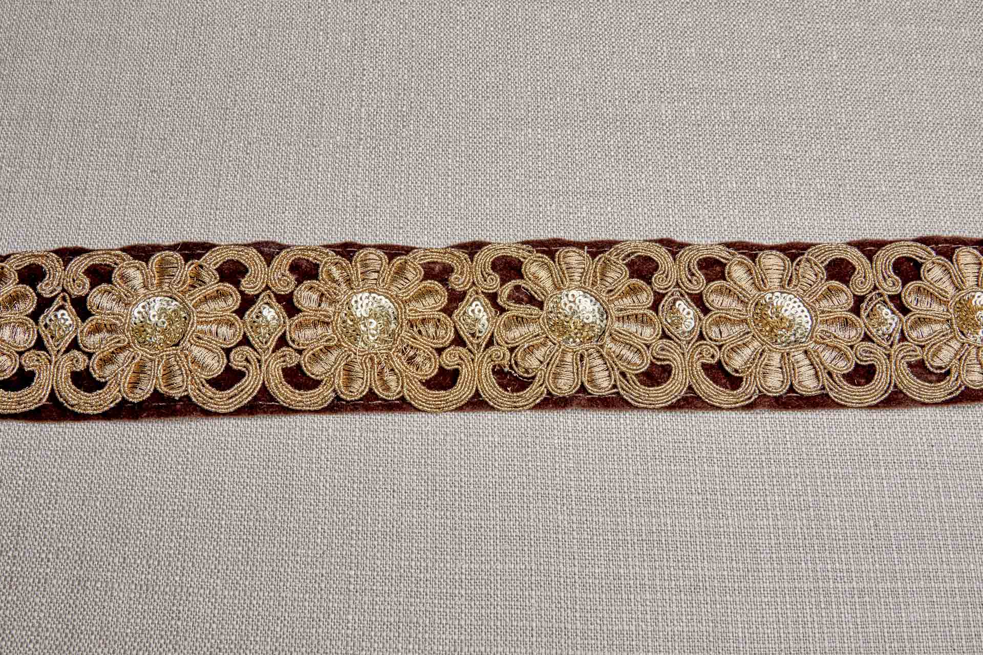 Flower Embroidery Trim - Gold Thread and Sequins on Brown Velvet, image 9 of 9