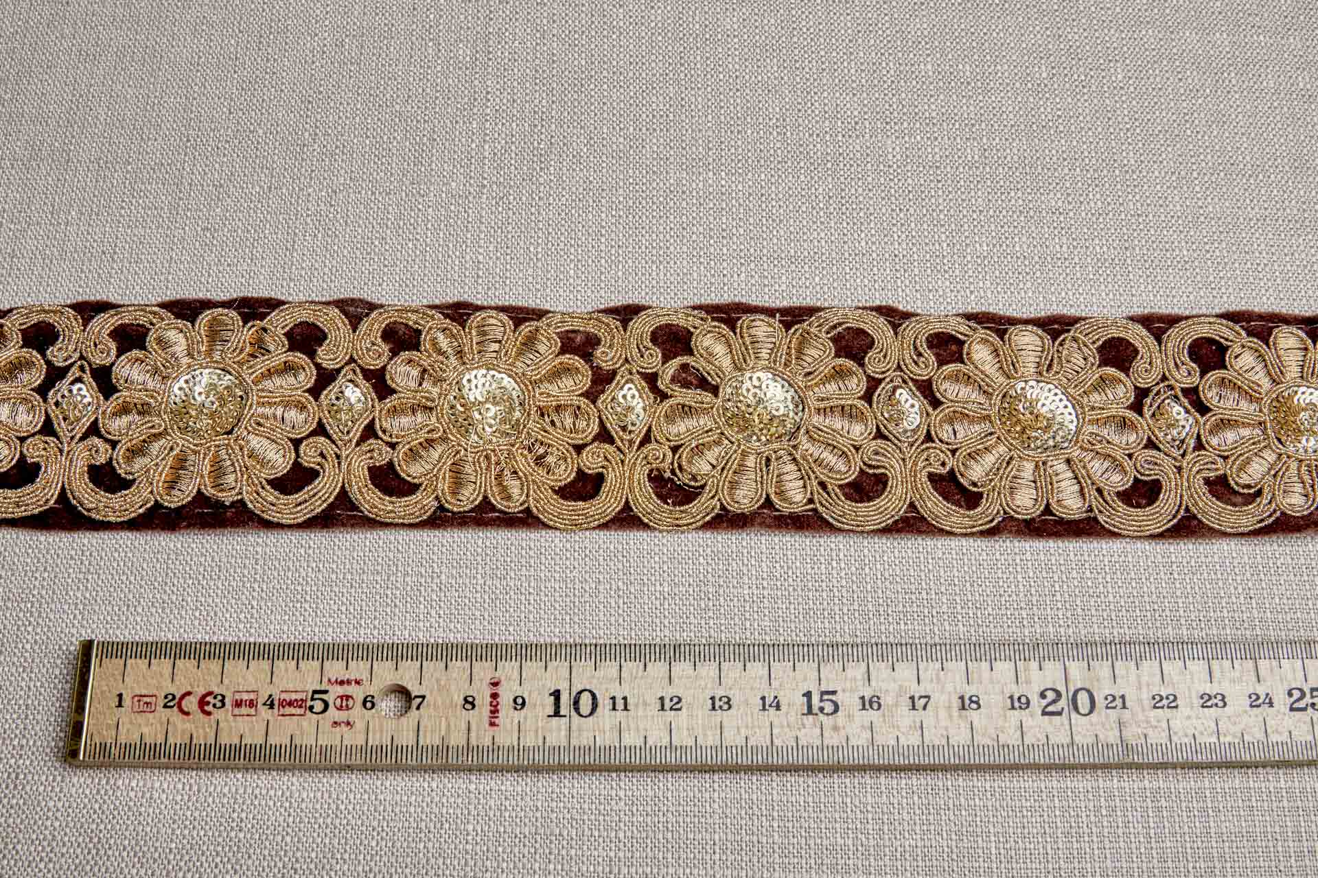 Flower Embroidery Trim - Gold Thread and Sequins on Brown Velvet, image 3 of 9
