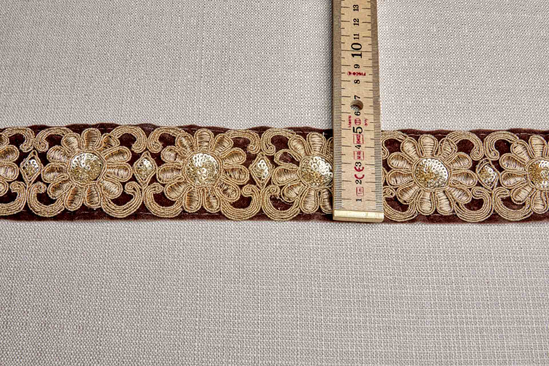 Flower Embroidery Trim - Gold Thread and Sequins on Brown Velvet, image 4 of 9