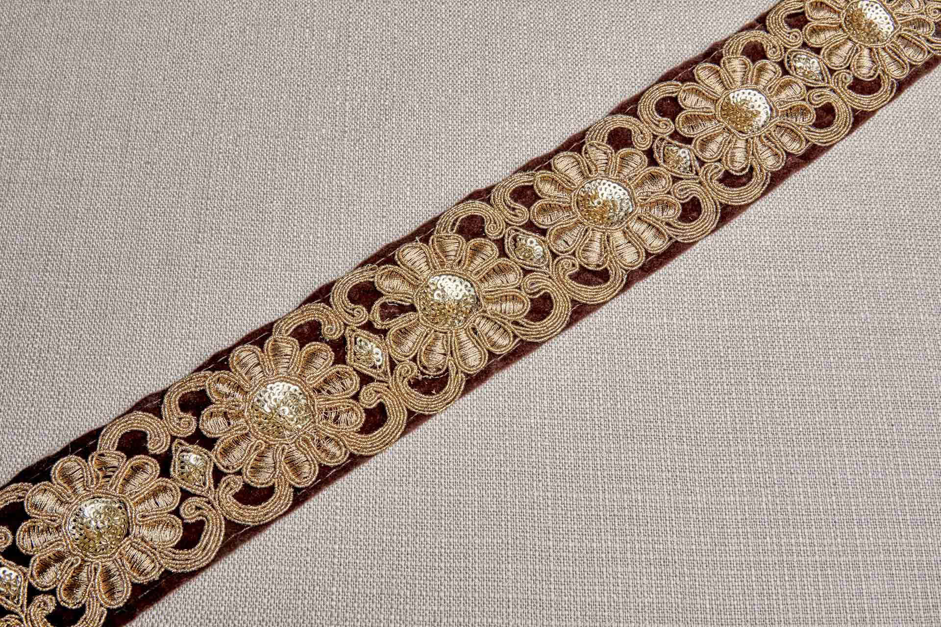 Flower Embroidery Trim - Gold Thread and Sequins on Brown Velvet, image 5 of 9