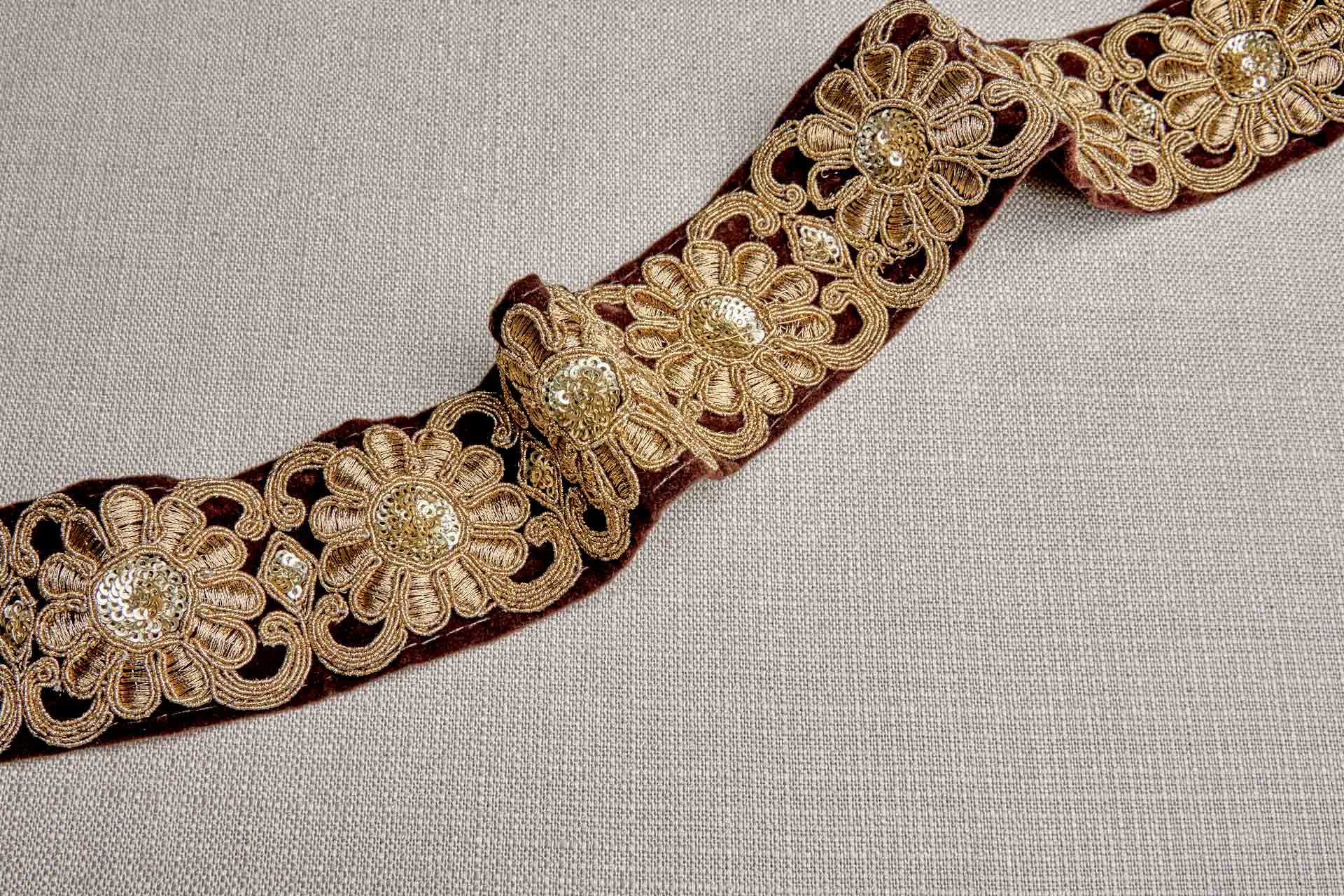 Flower Embroidery Trim - Gold Thread and Sequins on Brown Velvet, image 6 of 9