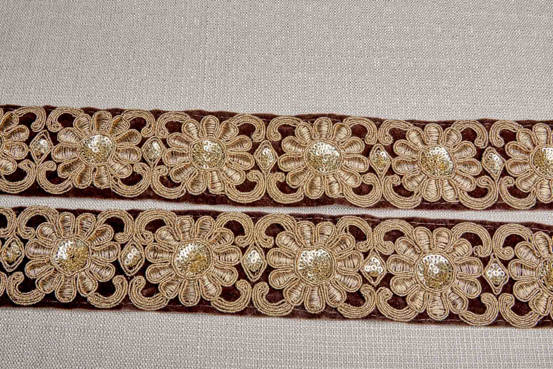 Flower Embroidery Trim - Gold Thread and Sequins on Brown Velvet, image 7 of 9