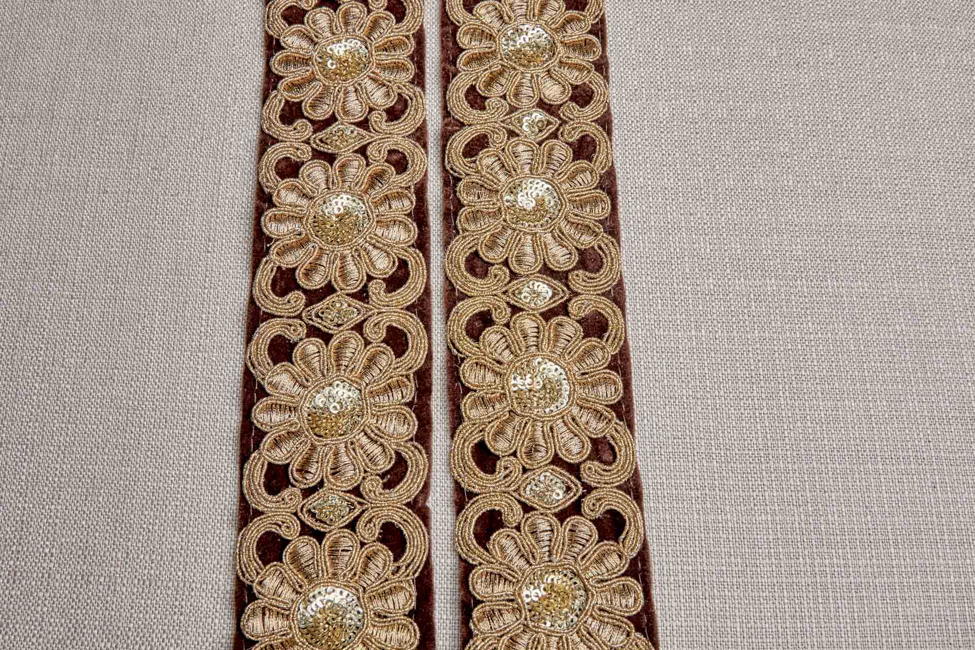 Flower Embroidery Trim - Gold Thread and Sequins on Brown Velvet, image 8 of 9
