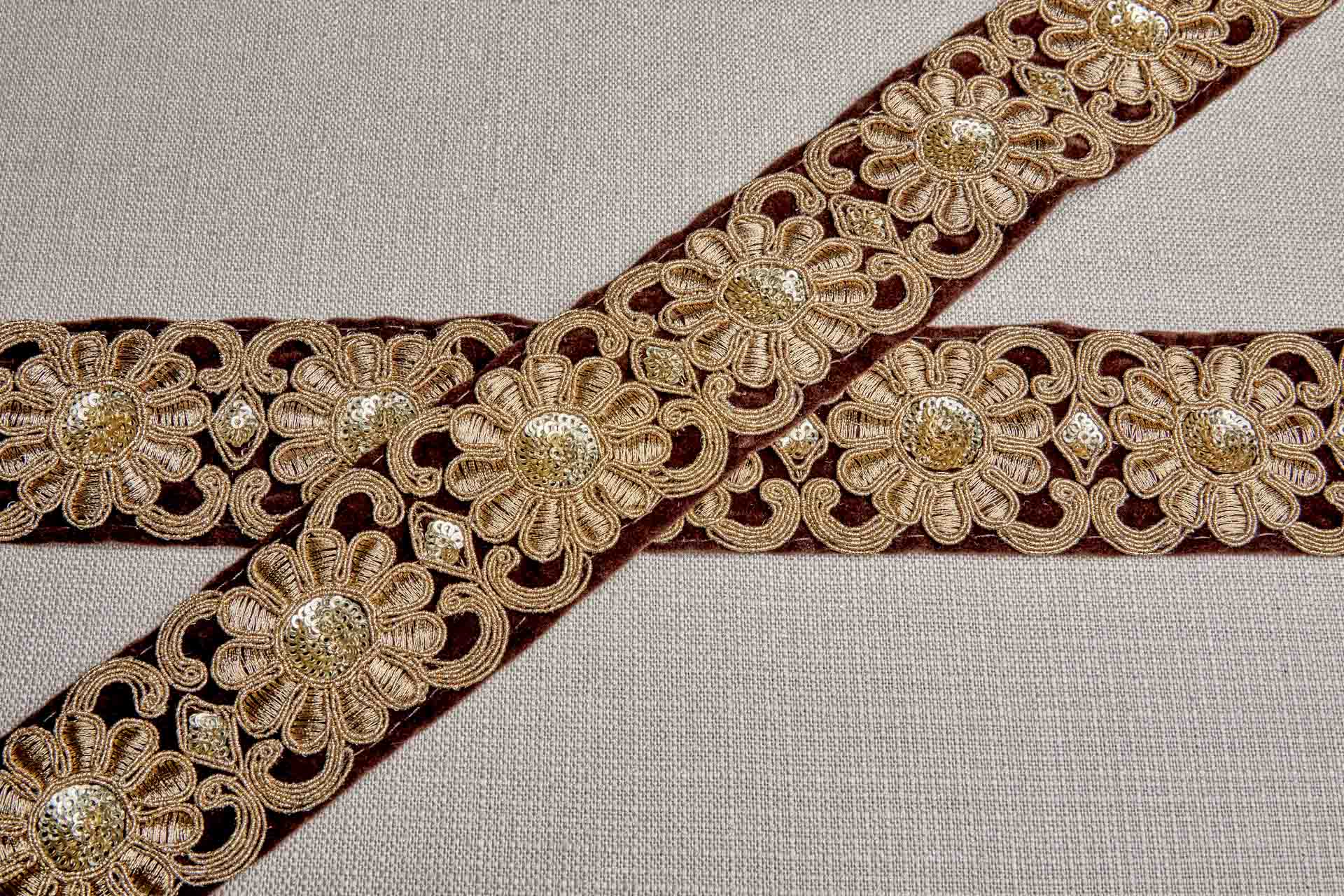 Flower Embroidery Trim - Gold Thread and Sequins on Brown Velvet