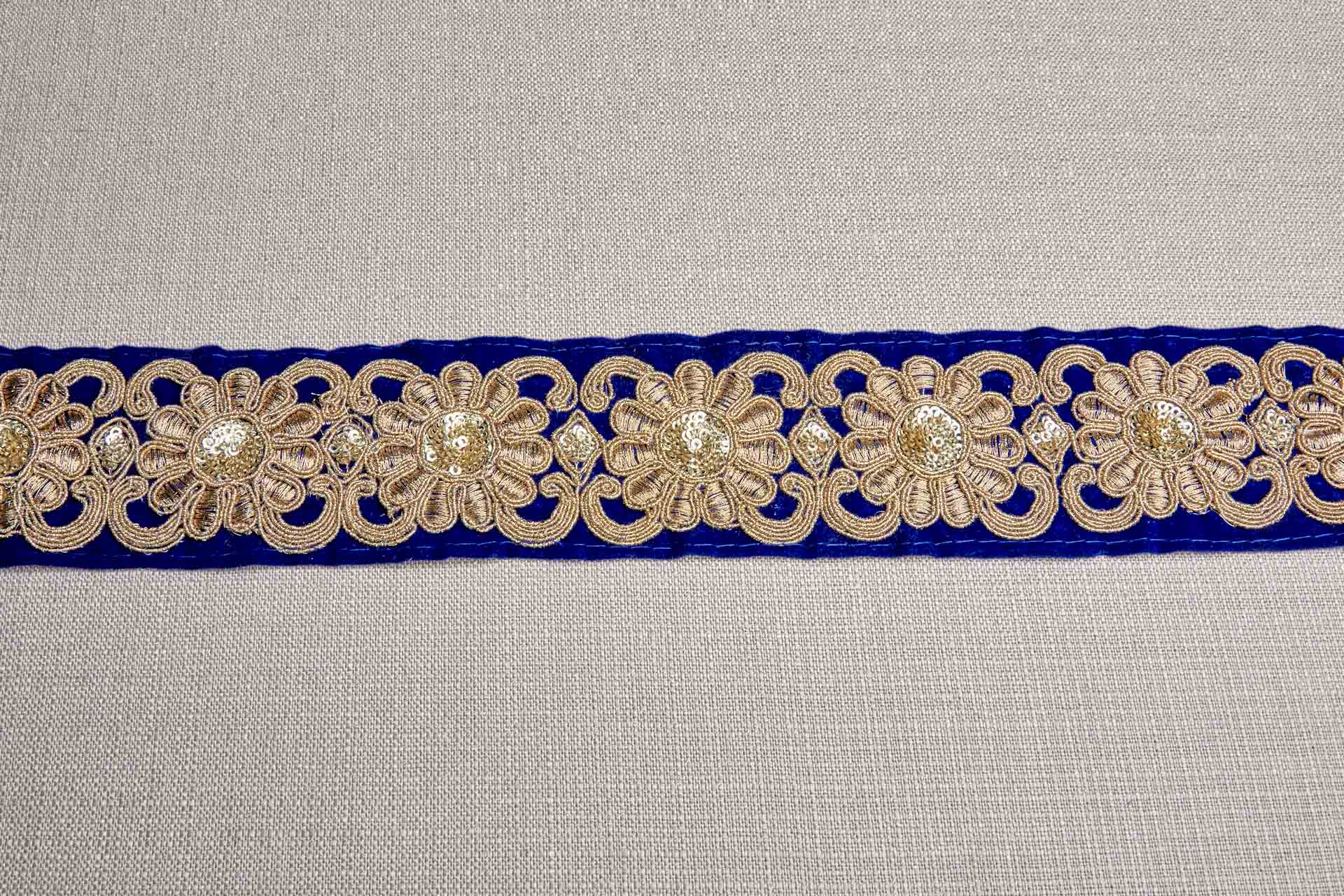 Flower Embroidery Trim - Gold Thread and Sequins on Blue Velvet, image 7 of 7
