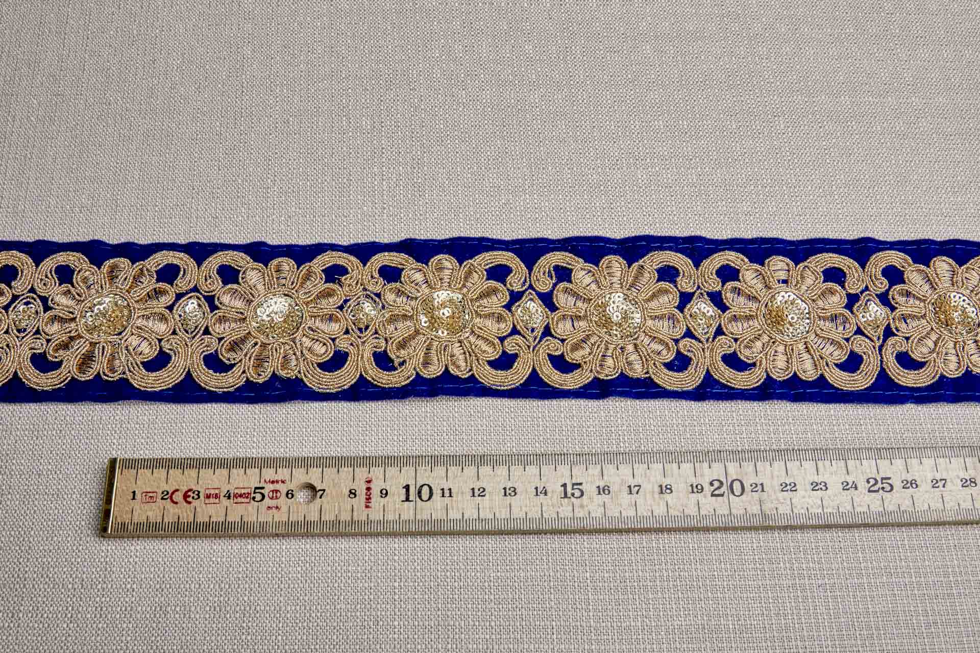Flower Embroidery Trim - Gold Thread and Sequins on Blue Velvet, image 2 of 7