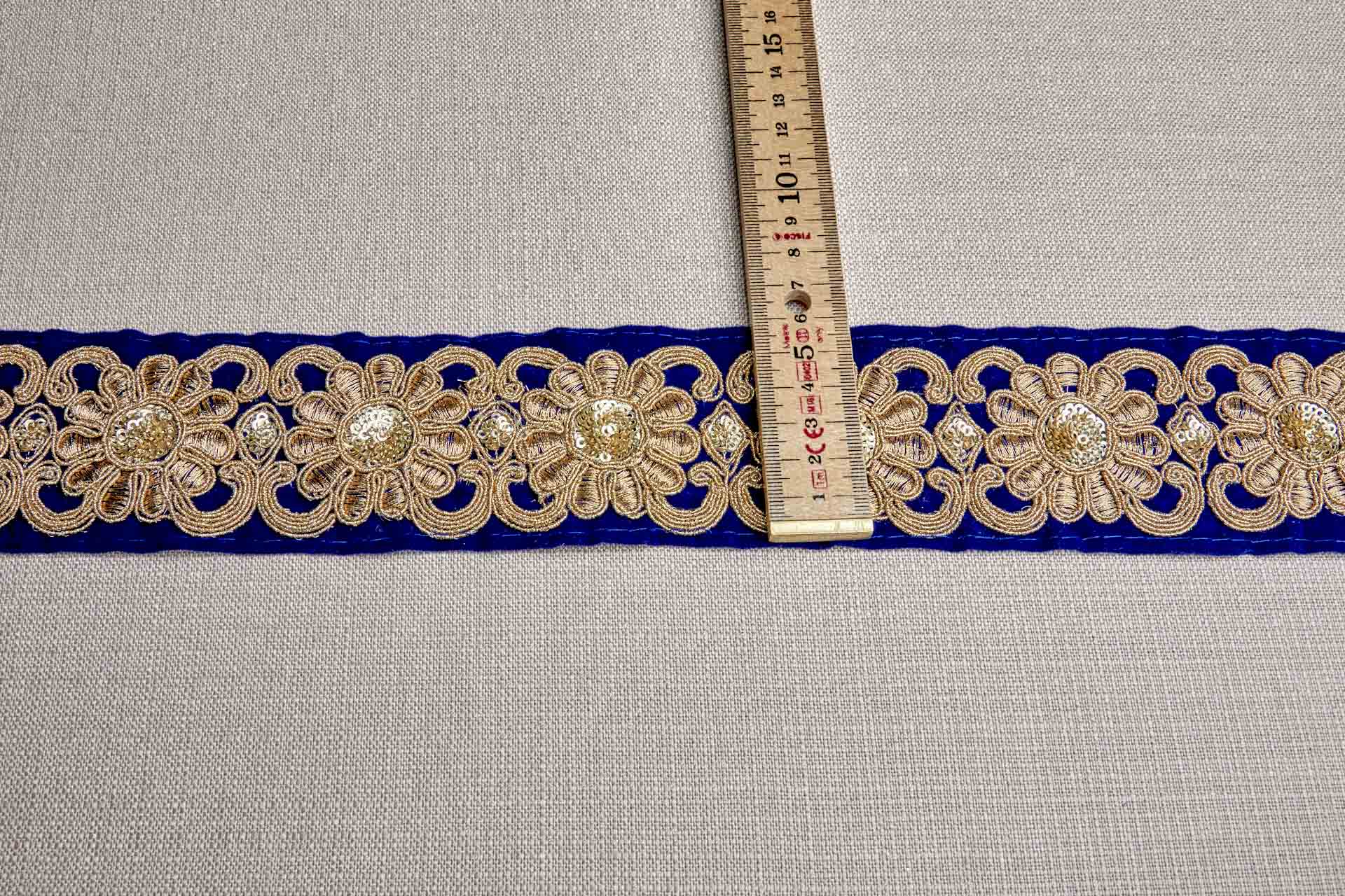 Flower Embroidery Trim - Gold Thread and Sequins on Blue Velvet, image 3 of 7