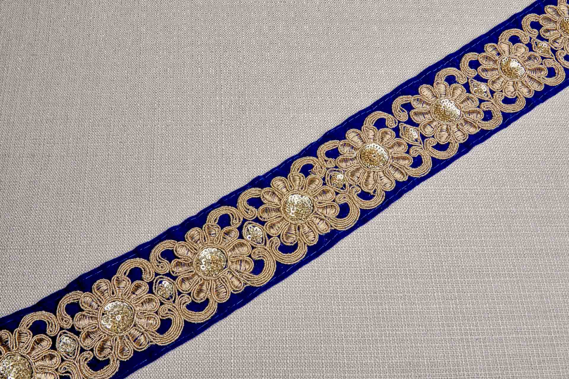 Flower Embroidery Trim - Gold Thread and Sequins on Blue Velvet, image 4 of 7