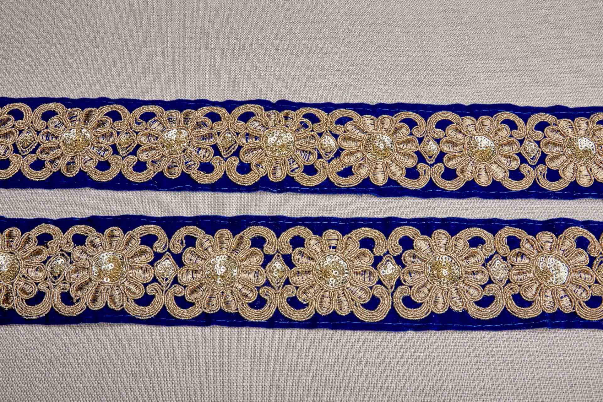 Flower Embroidery Trim - Gold Thread and Sequins on Blue Velvet, image 5 of 7