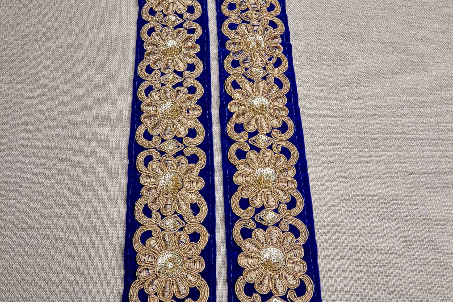 Flower Embroidery Trim - Gold Thread and Sequins on Blue Velvet, image 6 of 7